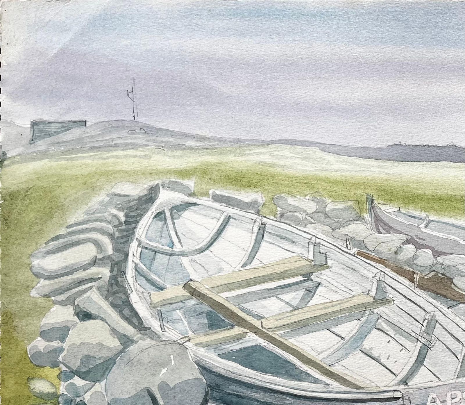 John Steane (B.1931)rowing Boats On Rocky Shore With Grass And Distant Hills By John Steane photo 371.0