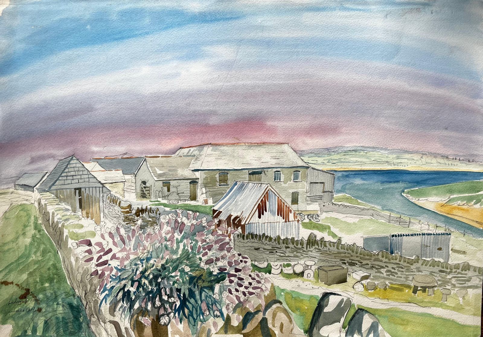 John Steane (B.1931)cornish Farm Buildings With Coastal View 20th Century British Watercolour photo furniture