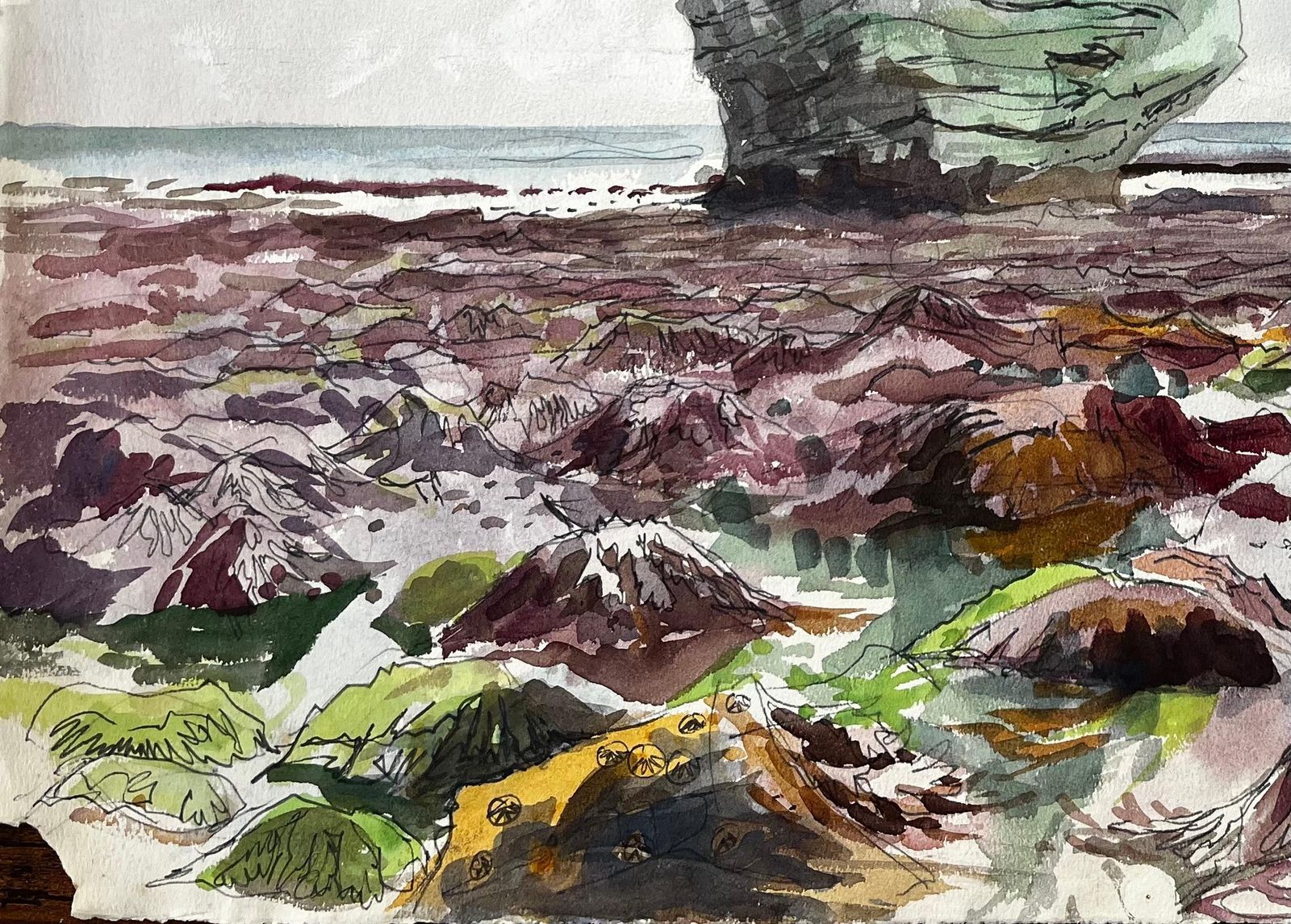 John Steane (B.1931)large Rock On Dorset Coast Low Tide 1960s English Watercolour Landscape1968 photo vinterior