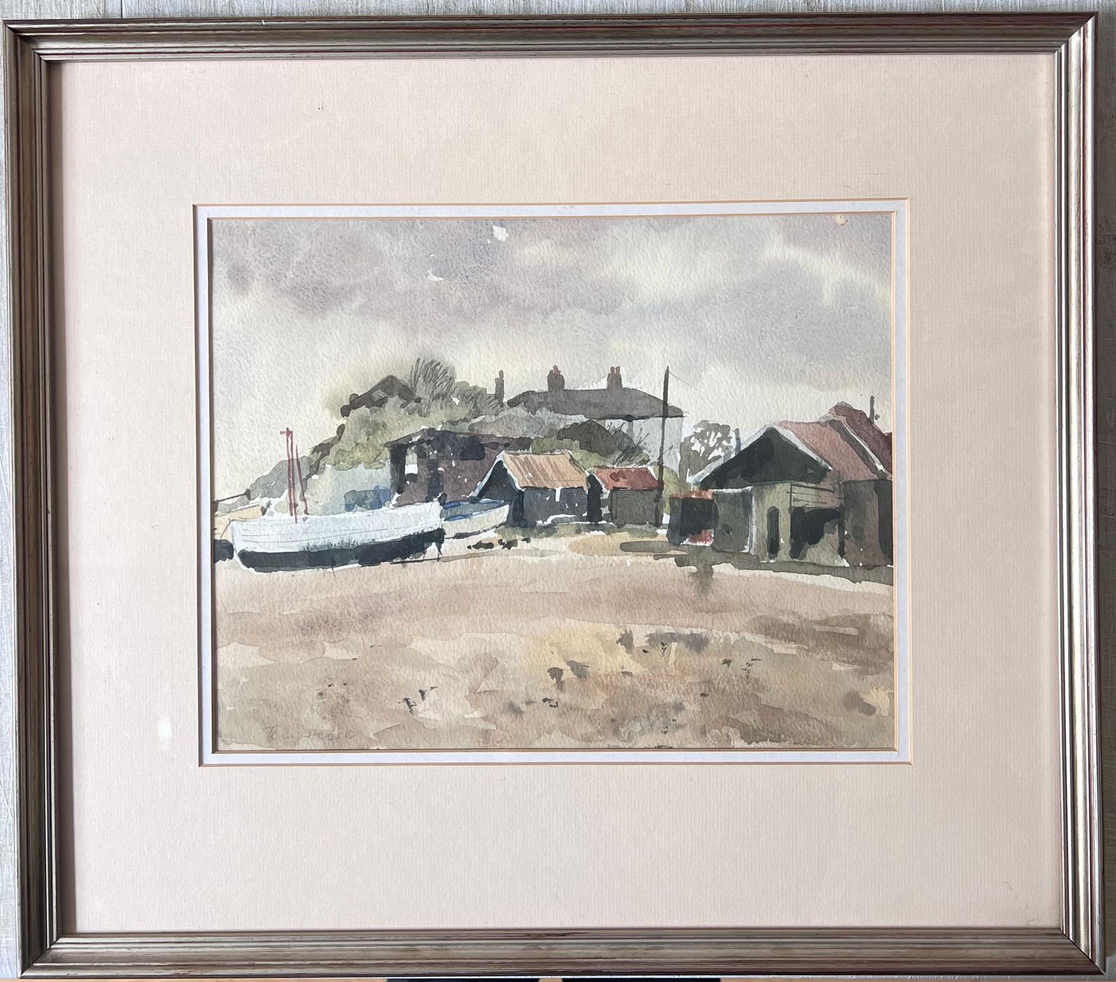 Anthony Herbertboats Docked On Shore By Weathered Wooden Sheds With Rusted Roofs Watercolour