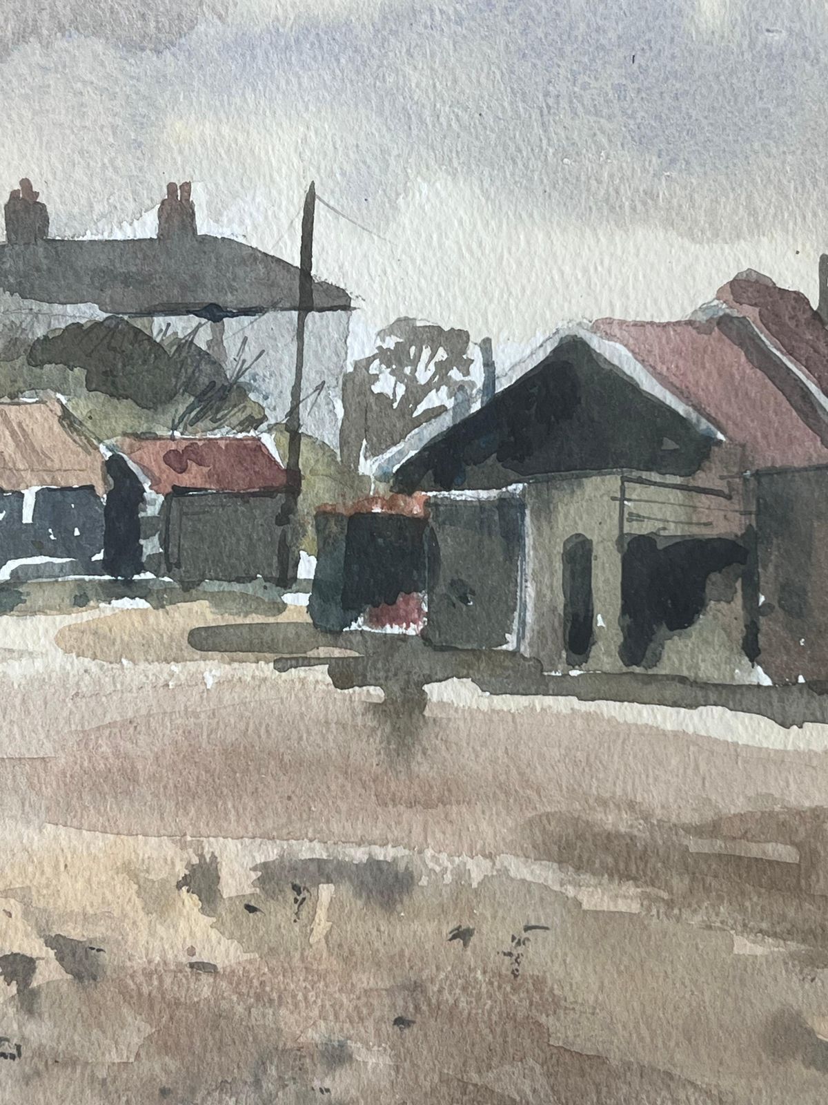 Anthony Herbertboats Docked On Shore By Weathered Wooden Sheds With Rusted Roofs Watercolour photo for sale