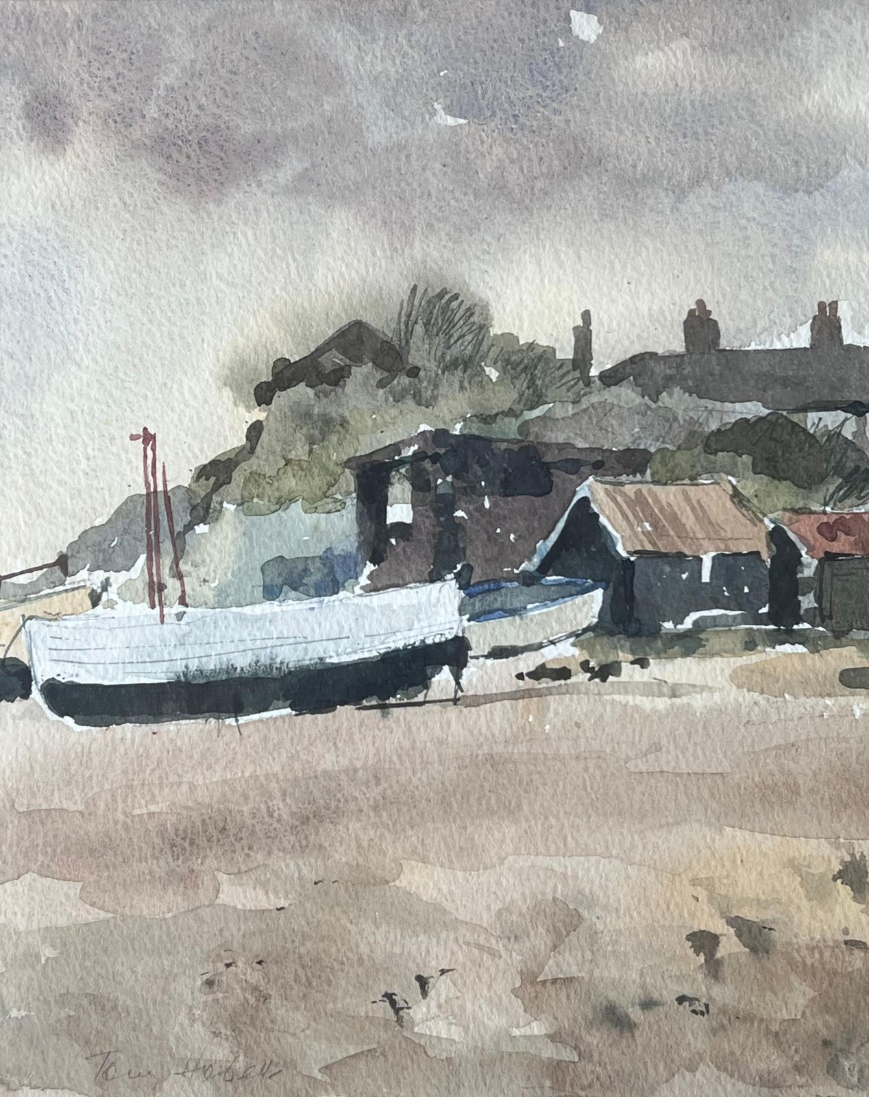 Anthony Herbertboats Docked On Shore By Weathered Wooden Sheds With Rusted Roofs Watercolour photo 433.0