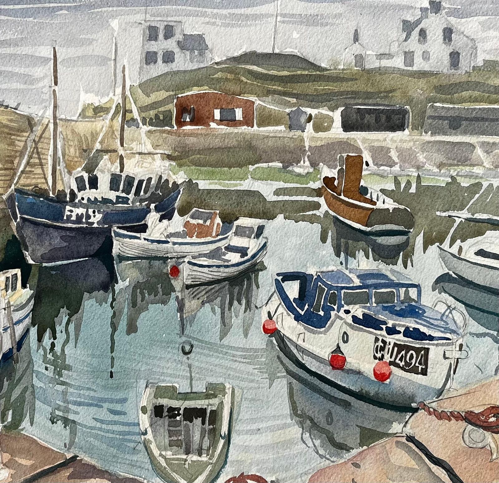 John Steane (B.1931)gretan Harbour Scene With Fishing Boats Reflections And Stone Quay 19741974 photo buy