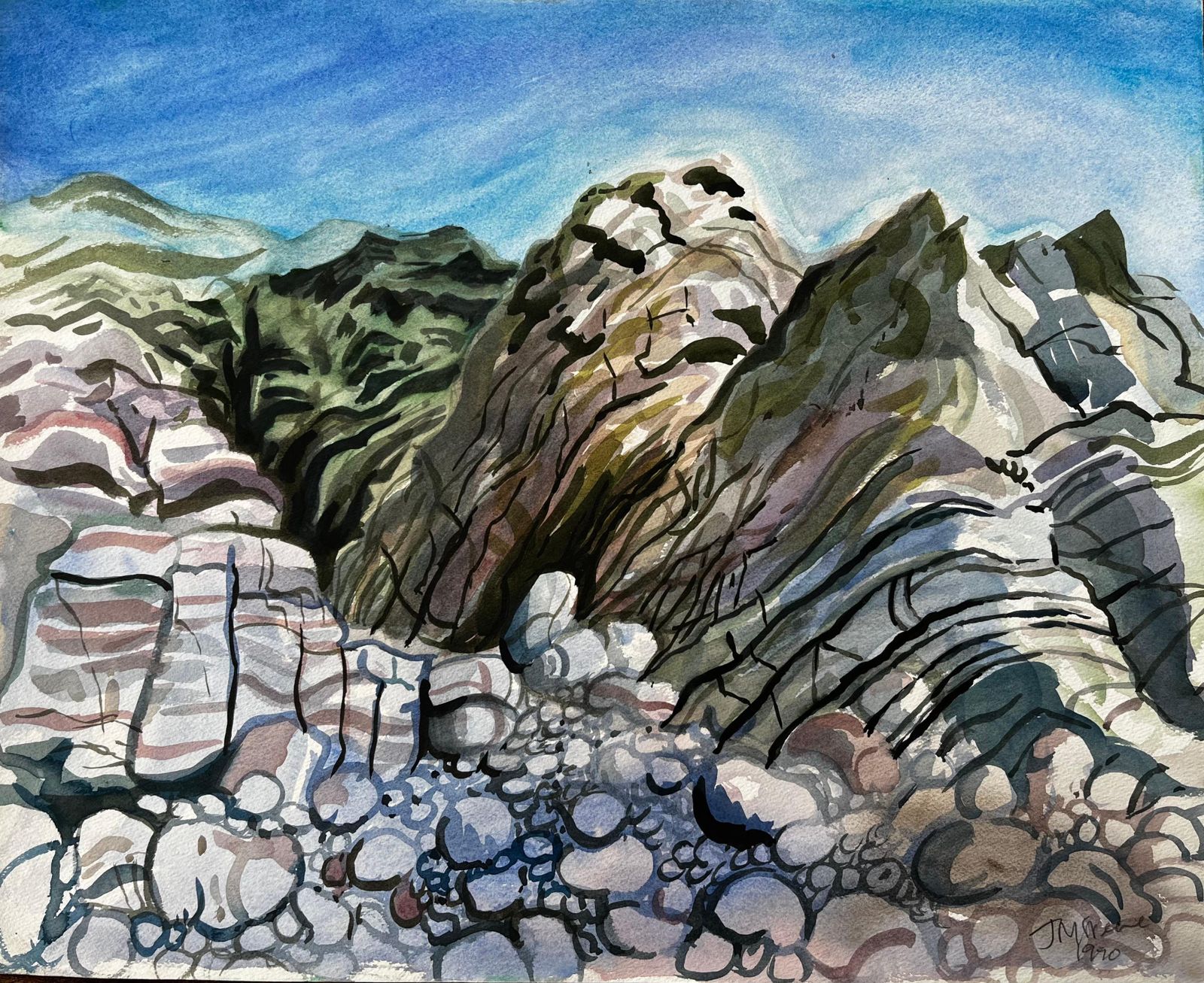John Steane (B.1931)dorset Coast Abstract Rock Formations With Pebble Beach 1990 Signed Watercolour1990