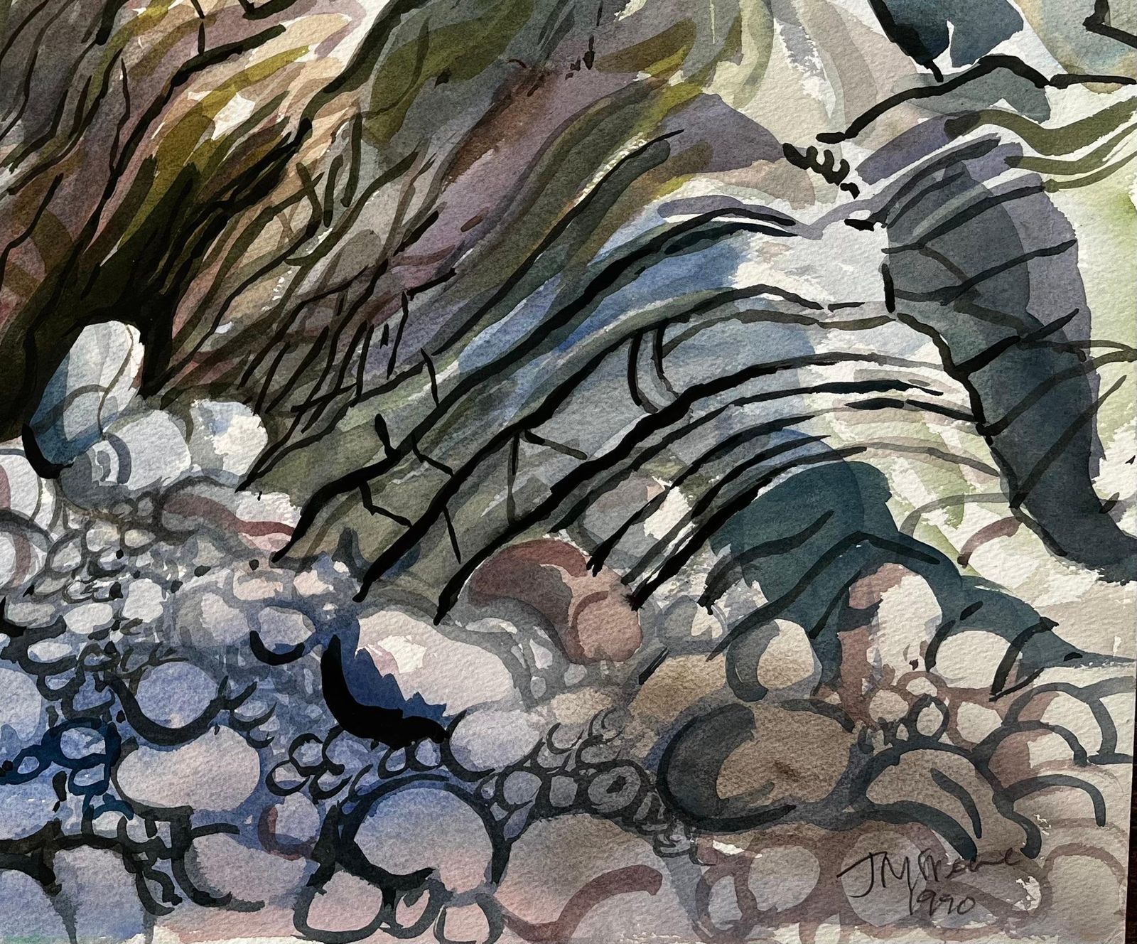 John Steane (B.1931)dorset Coast Abstract Rock Formations With Pebble Beach 1990 Signed Watercolour1990 photo for sale