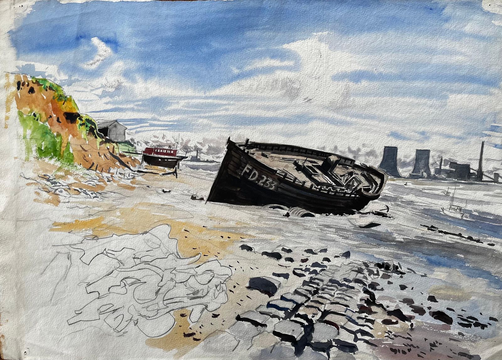 John Steane (B.1931)beached Fishing Boat On Mersey Estuary Industrial Lancashire Landscape