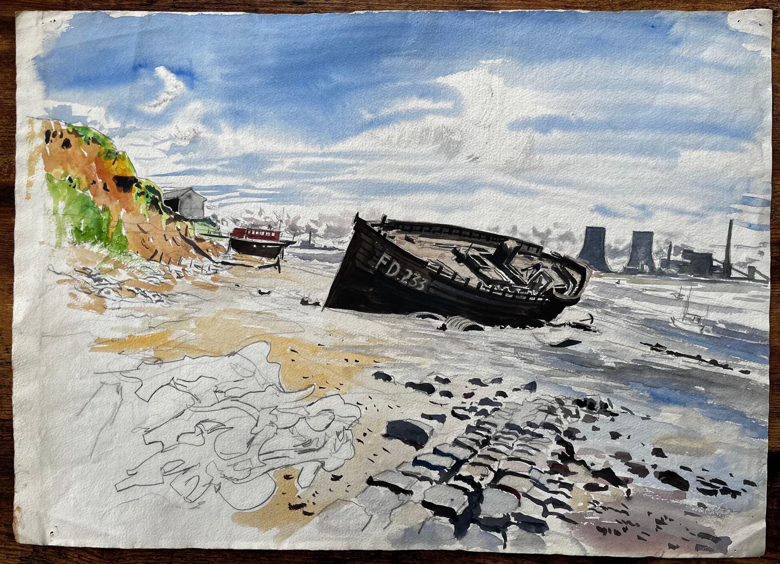 John Steane (B.1931)beached Fishing Boat On Mersey Estuary Industrial Lancashire Landscape photo furniture