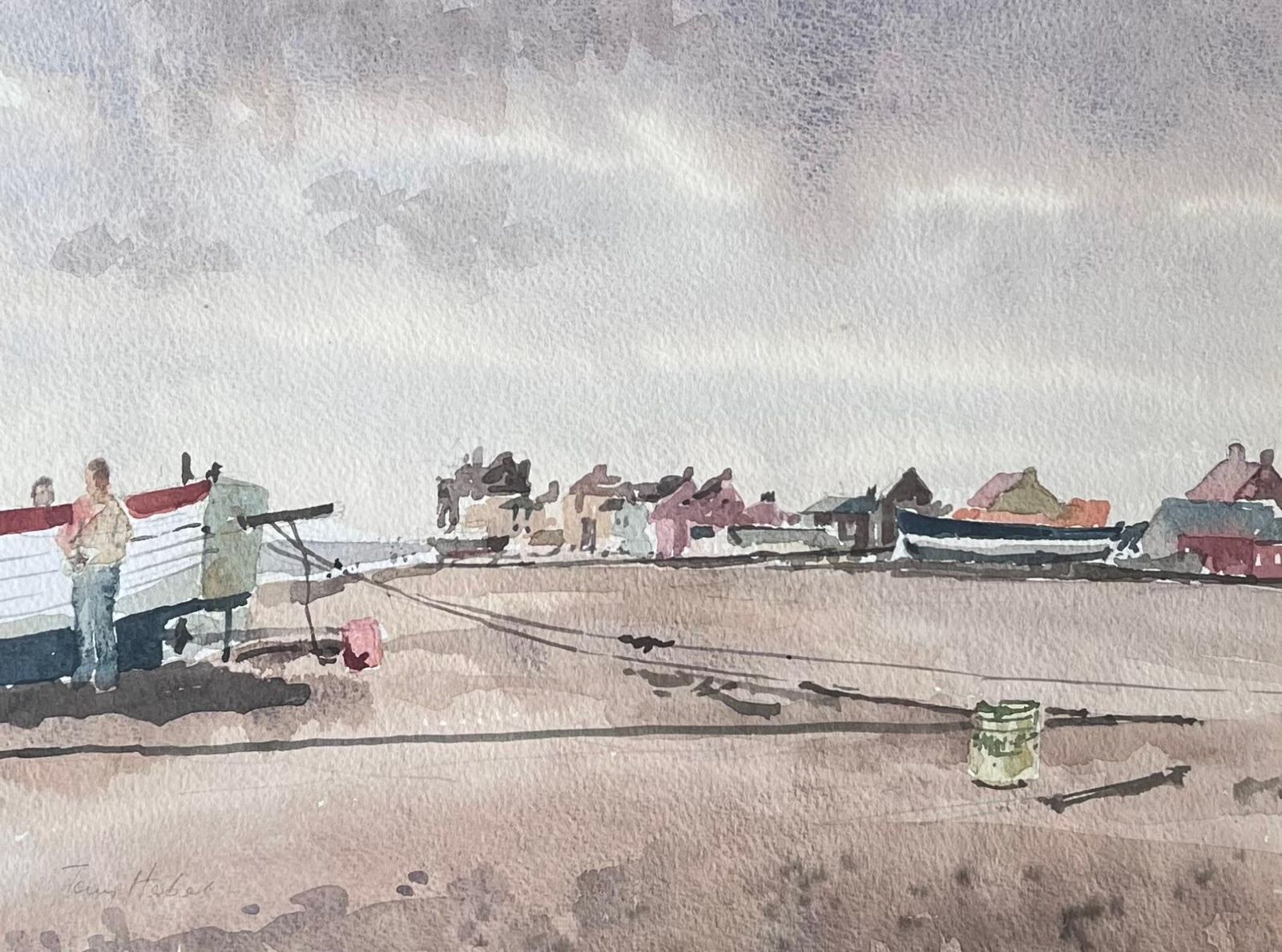 Anthony Herbertfigures With A Beached Fishing Boat On Aldeburgh Beach Watercolour photo furniture