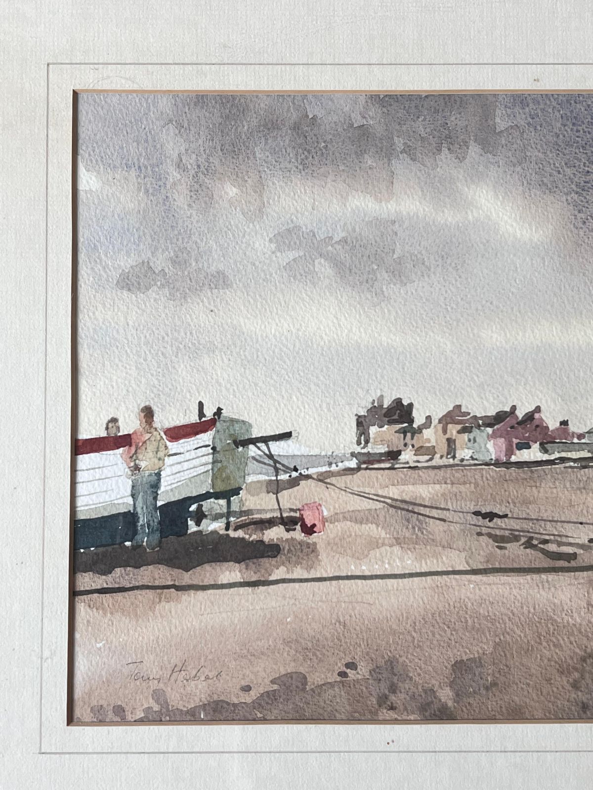 Anthony Herbertfigures With A Beached Fishing Boat On Aldeburgh Beach Watercolour photo Art