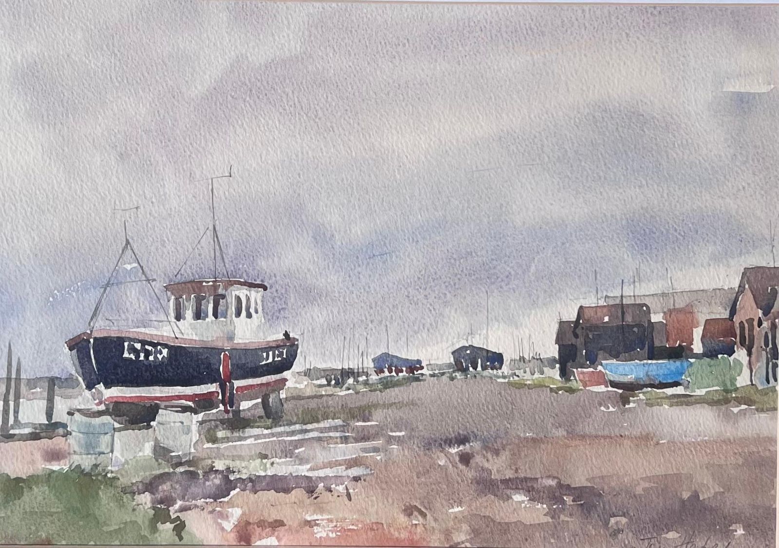 Anthony Herbertfishing Boats Pulled Up On Dry Land Beside A Rough Coastal Track Watercolour photo vintage
