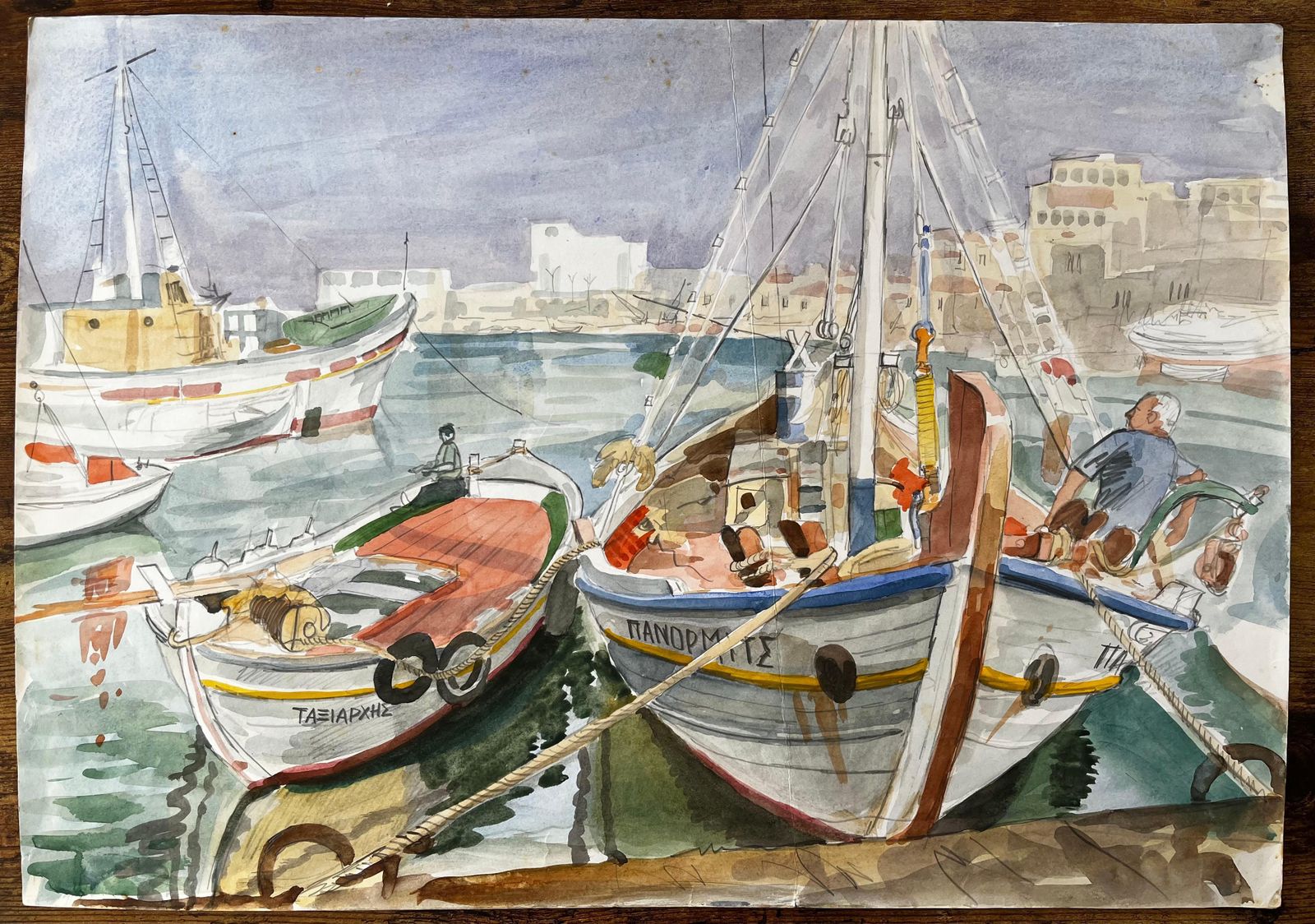 John Steane (B.1931)crete Fishing Boats Dock Scene With Harbour And Village Watercolour Painting photo furniture