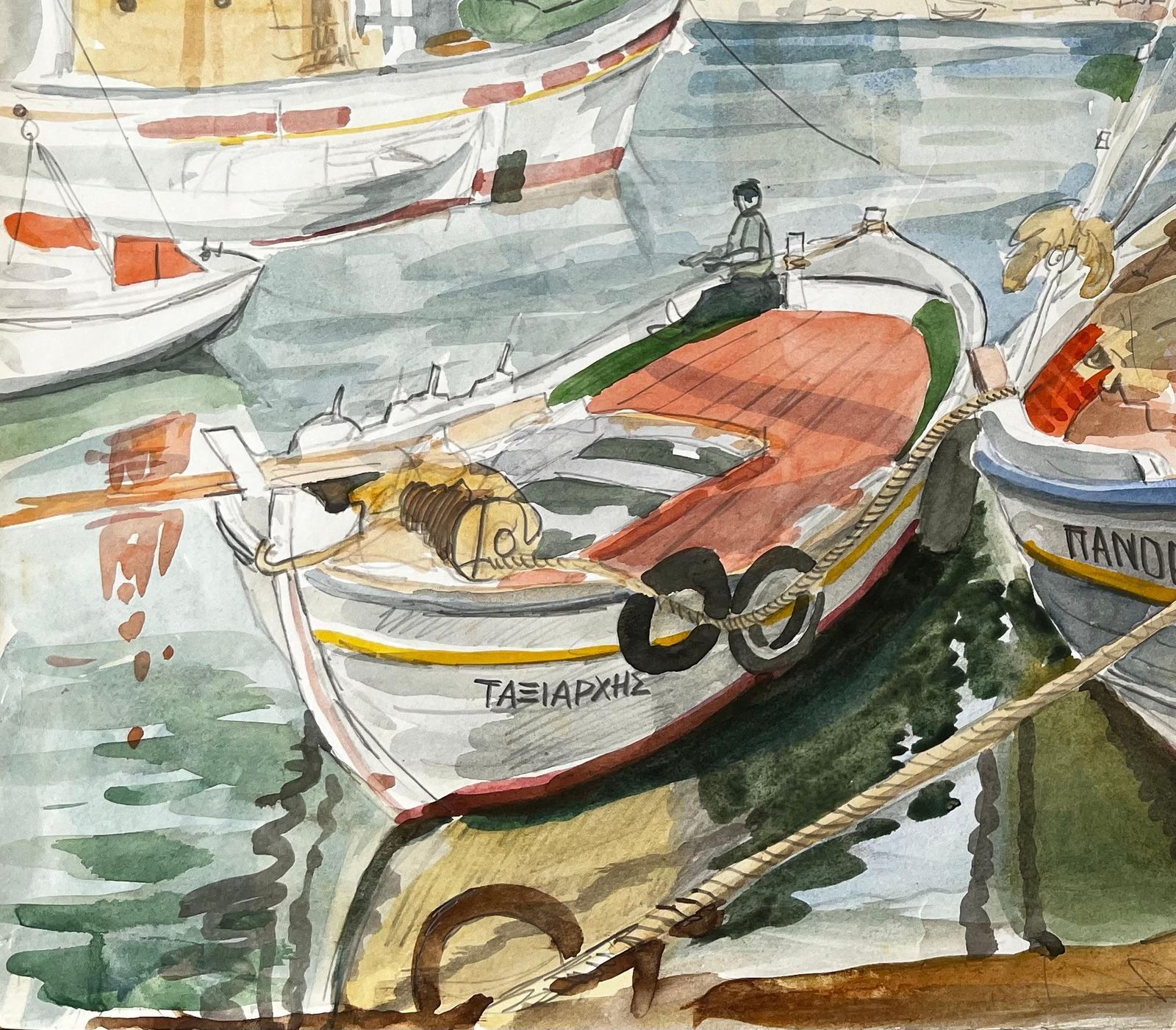 John Steane (B.1931)crete Fishing Boats Dock Scene With Harbour And Village Watercolour Painting photo Art