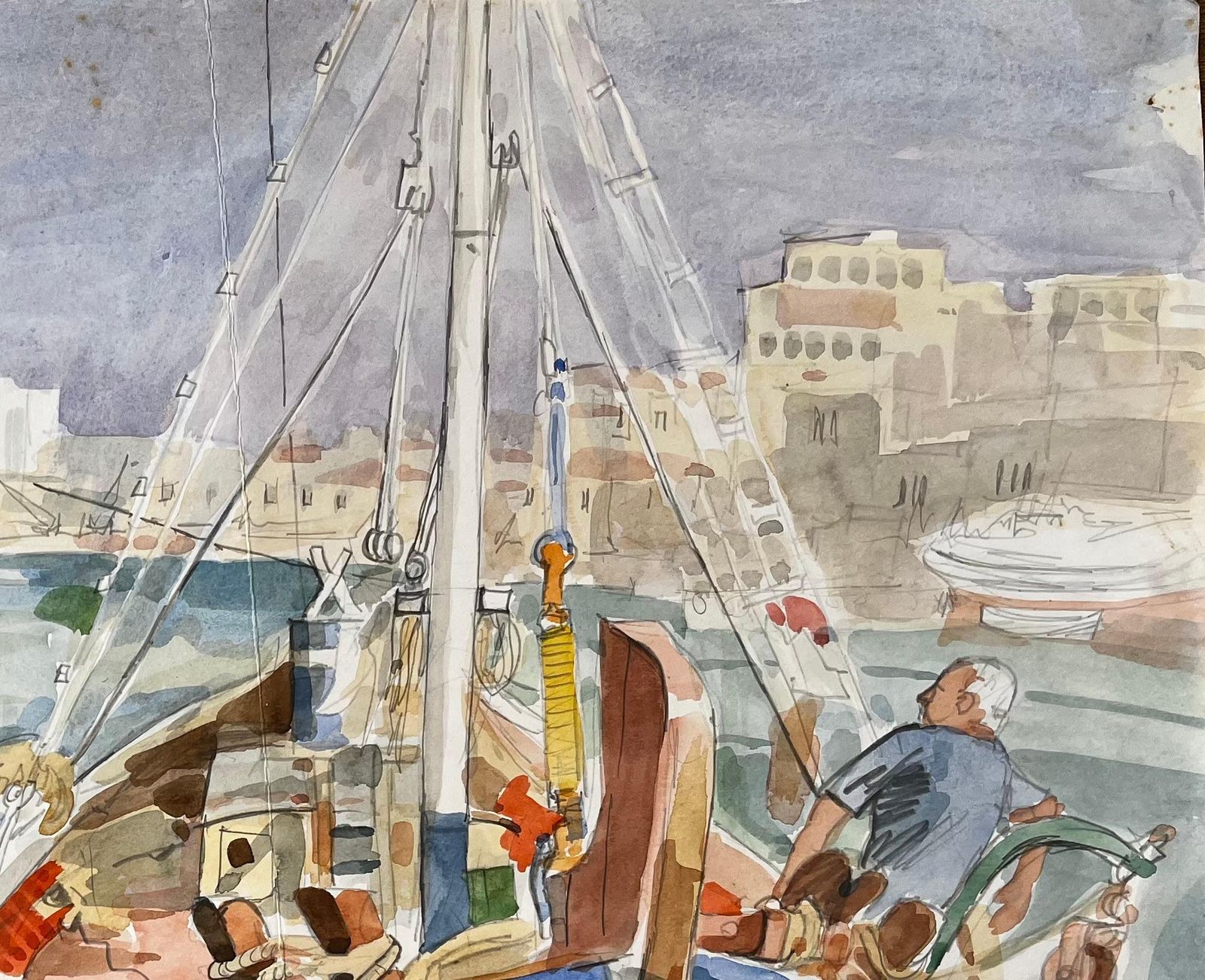 John Steane (B.1931)crete Fishing Boats Dock Scene With Harbour And Village Watercolour Painting photo 570.0