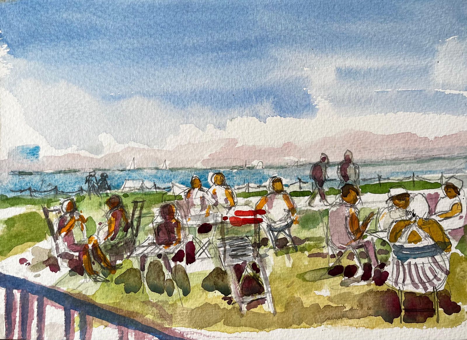John Steane (B.1931)osborne House Beach Scene Isle Of Wight 2018 Watercolour Figures And Sea View2018