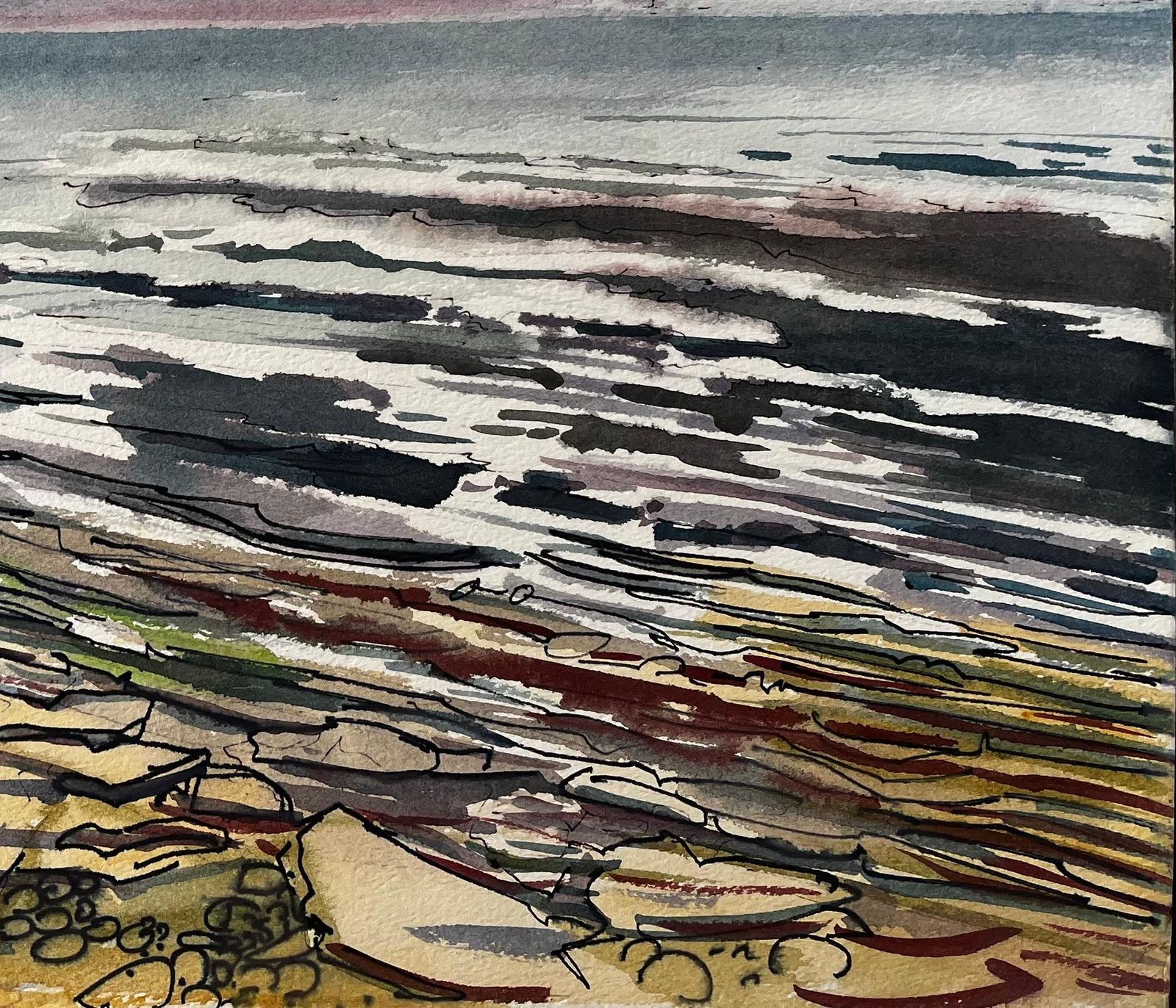 John Steane (B.1931)rocky Shoreline And Misty Mountains Welsh Coast 1985 Seascape Watercolour1985 photo Art