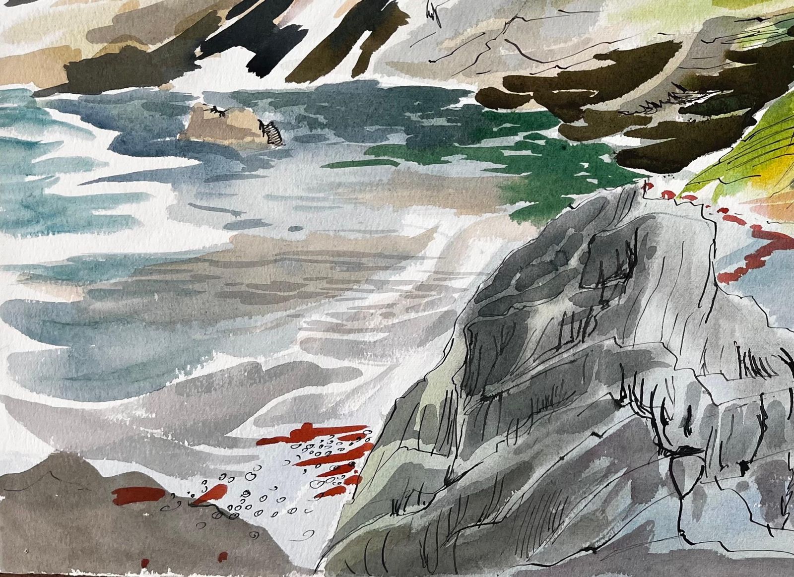 John Steane (B.1931)cliffs And Rock Pools On The Dorset Coastline Expressive Coastal Watercolour photo Art