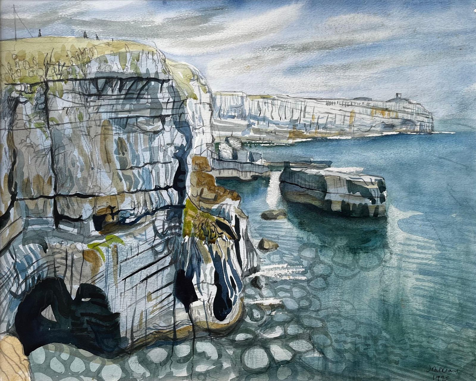 John Steane (B.1931)clifftop View Of Dorset Coast With Sea Stacks And Caves Signed 1995 Watercolour1995