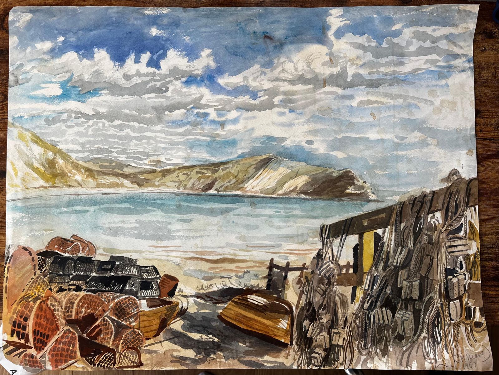 John Steane (B.1931)lobster Pots And Fishing Nets On Dorset Coastline 1967 Coastal Watercolour Scene photo Art