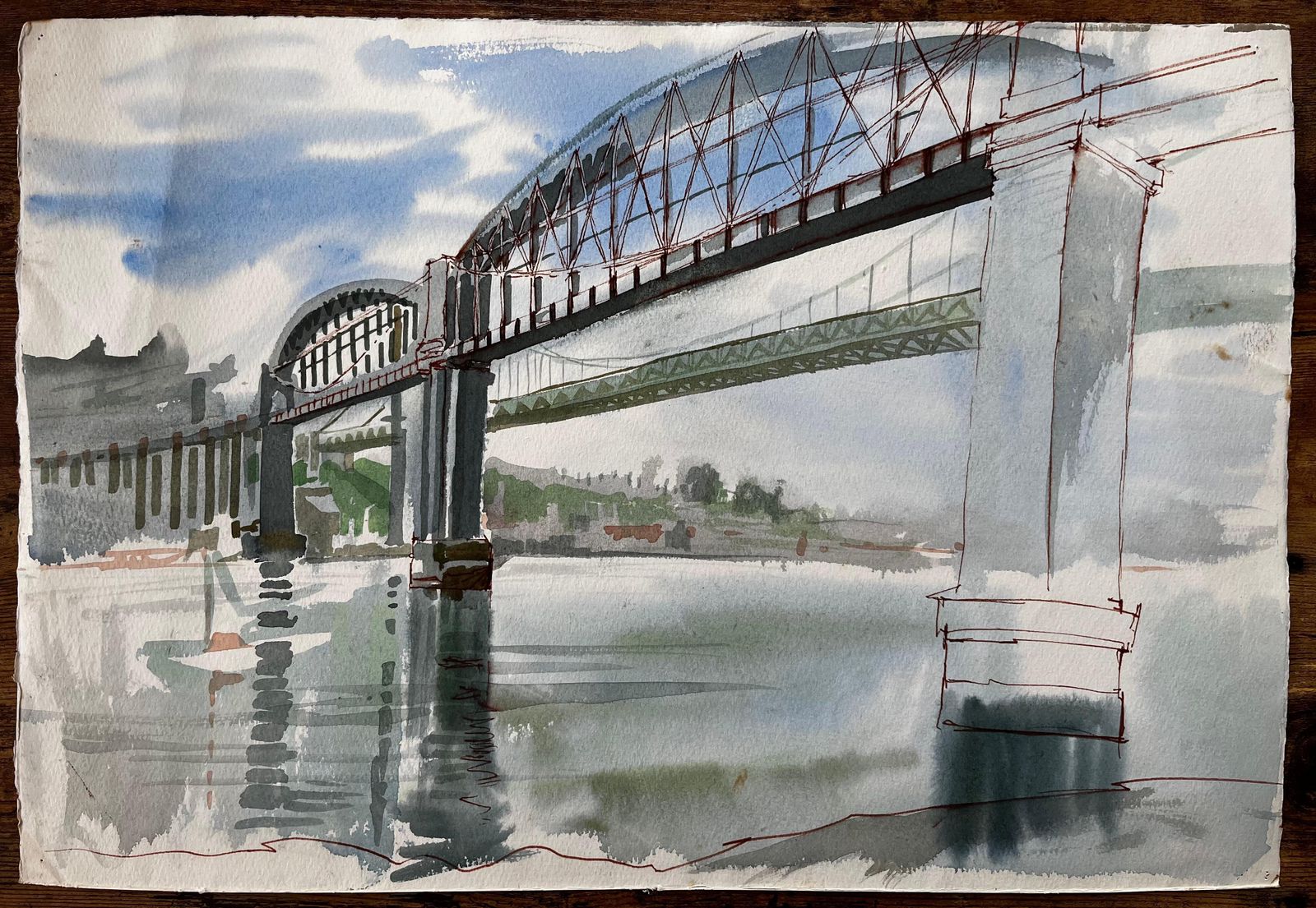 John Steane (B.1931)devon Cornwall Railway Bridge Over River Tamar Unfinished Watercolour Sketch photo furniture