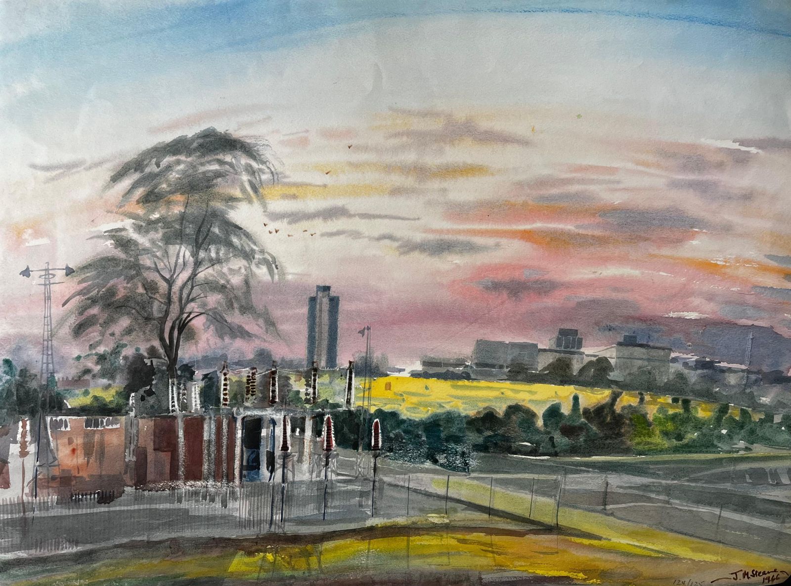 John Steane (B.1931)sunset Over Suburban London With Tree Skyline And Yellow Fields 1996 Watercolour1996