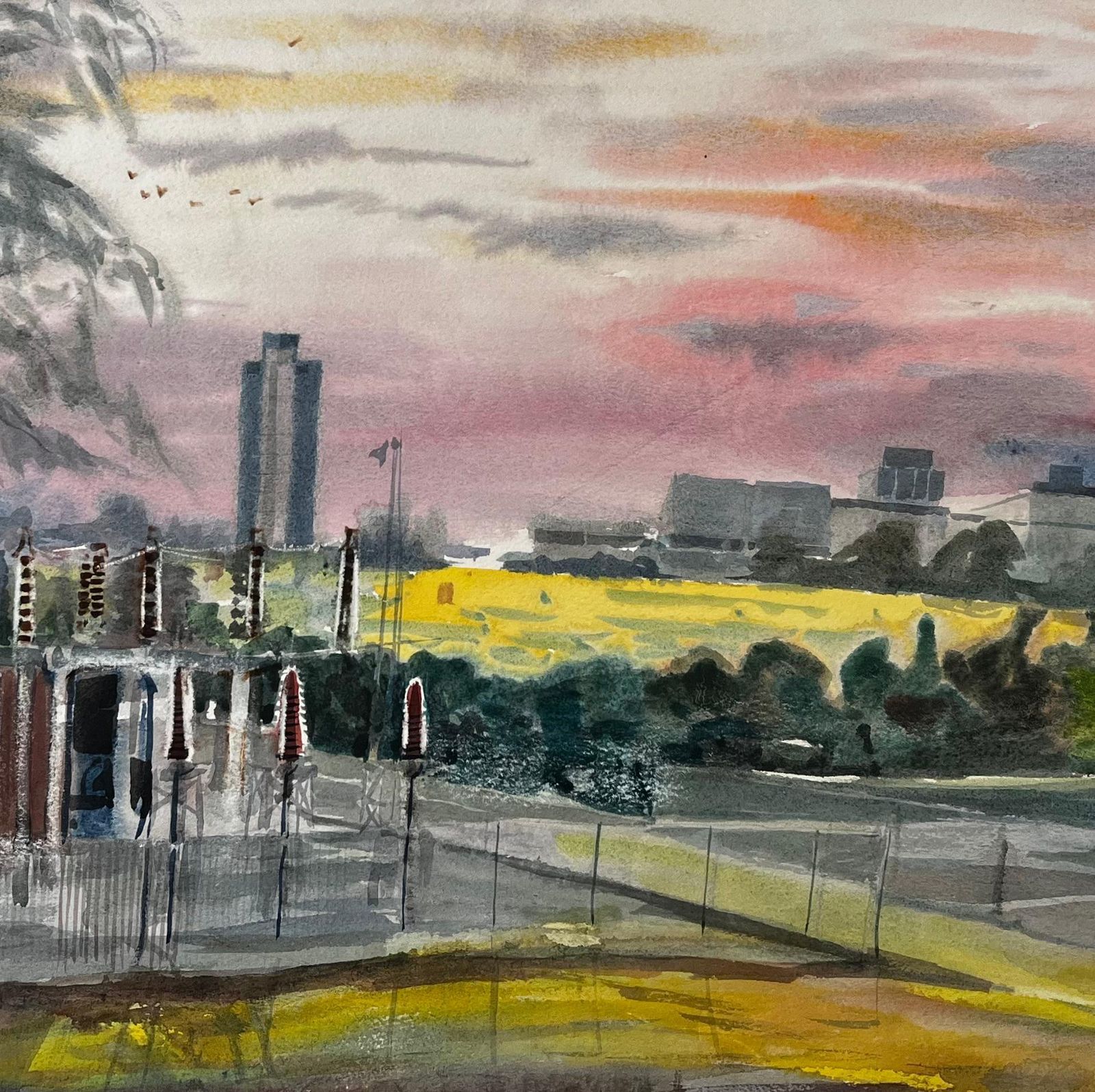 John Steane (B.1931)sunset Over Suburban London With Tree Skyline And Yellow Fields 1996 Watercolour1996 photo Art