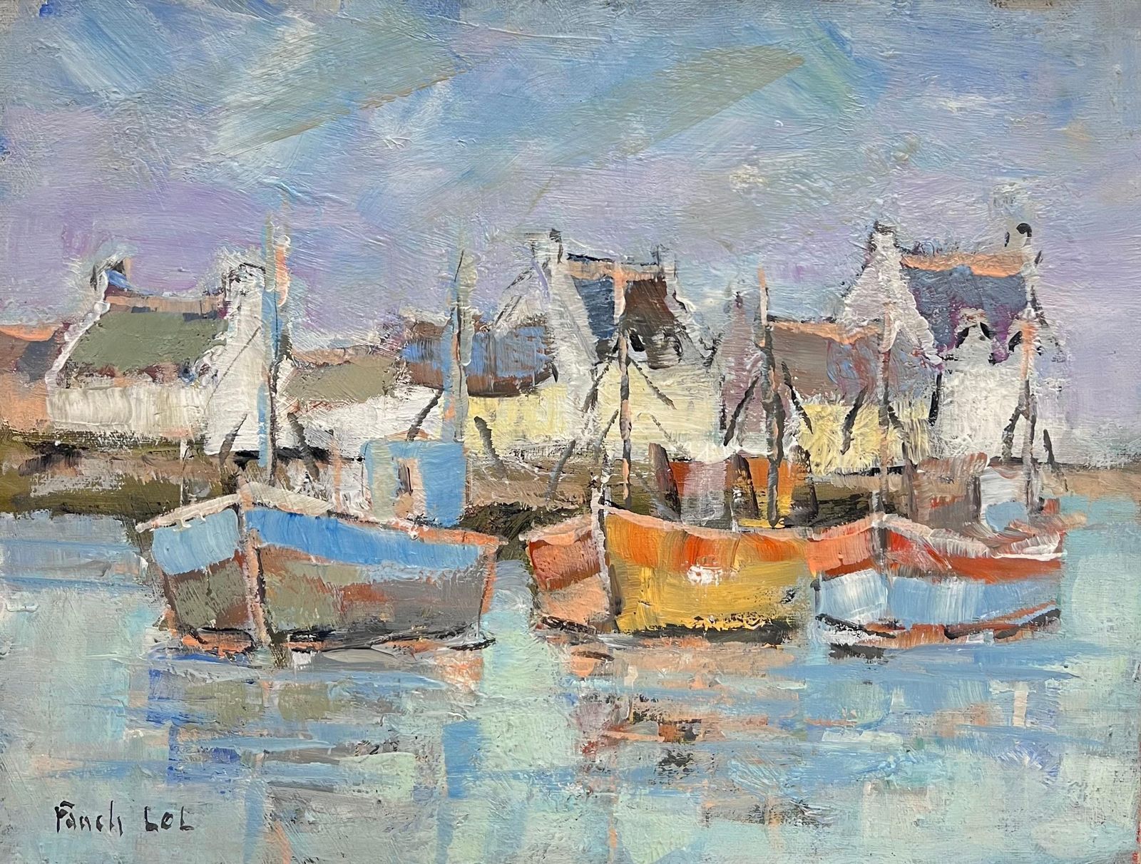 Fanch Lelbright & Colourful Boats In The Blue Summer Harbour French Oil Painting