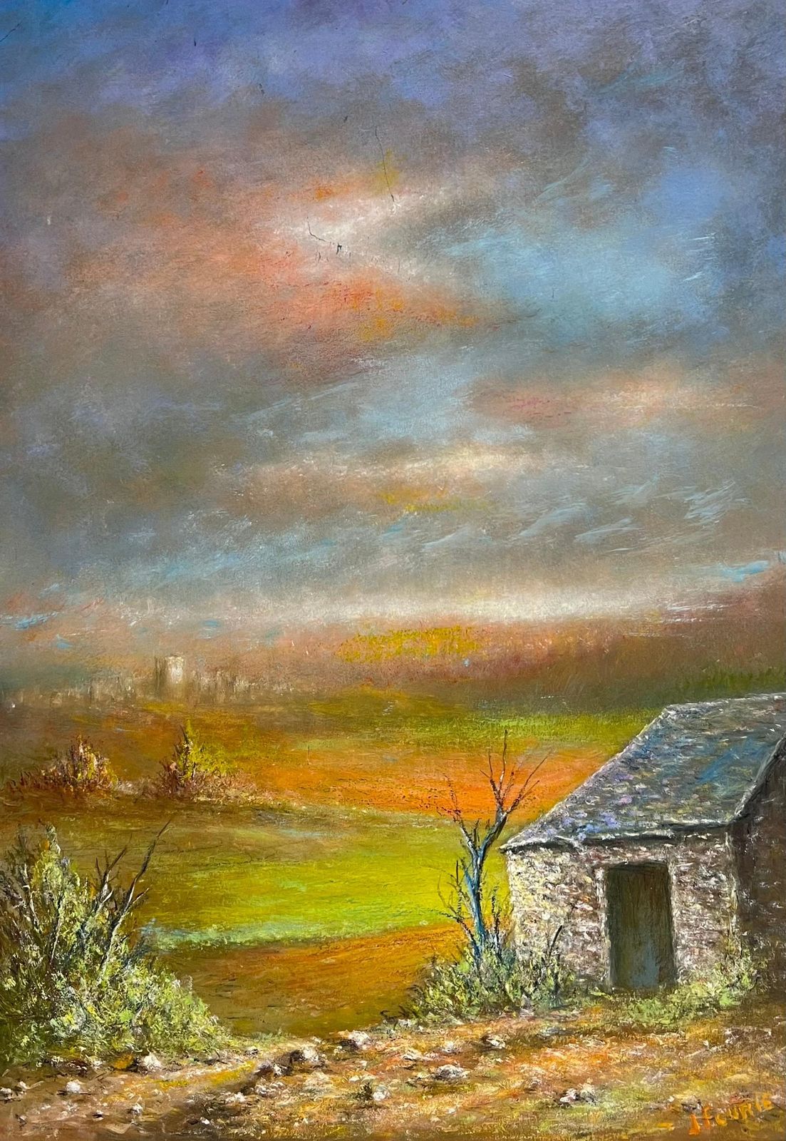 Jean Fouriestone Hut In A Autumnal Sunset Open Field Oil Landscape Painting