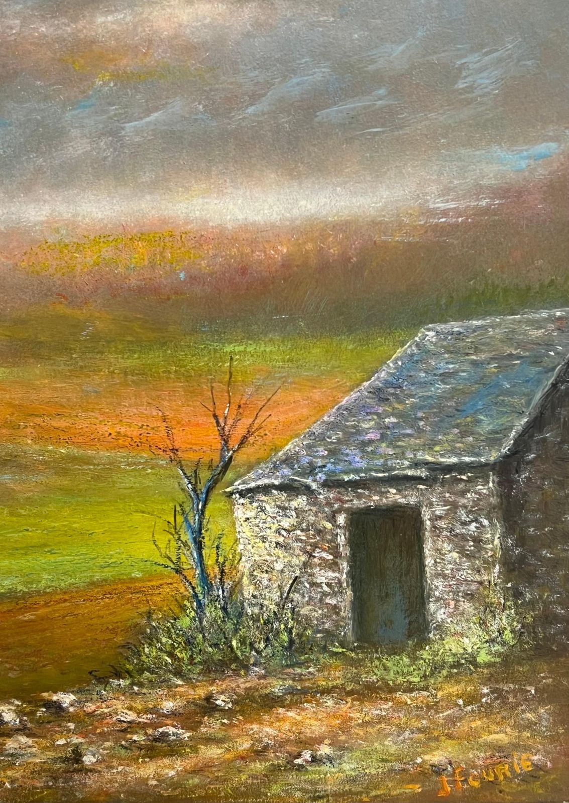 Jean Fouriestone Hut In A Autumnal Sunset Open Field Oil Landscape Painting photo vinterior