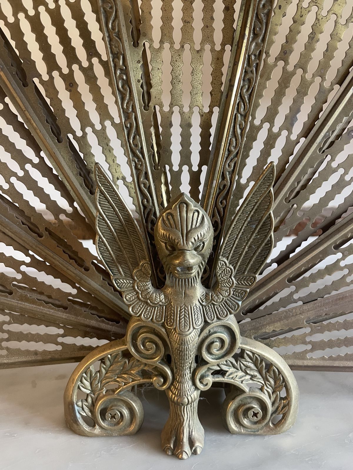 photo furniture Antique Folding Brass Griffin Fan Fireplace Screen