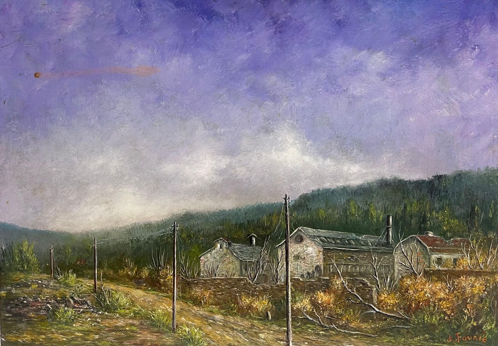 Jean Fouriefarm Buildings Beneath A Purple Lavender Sky Oil Landscape Painting