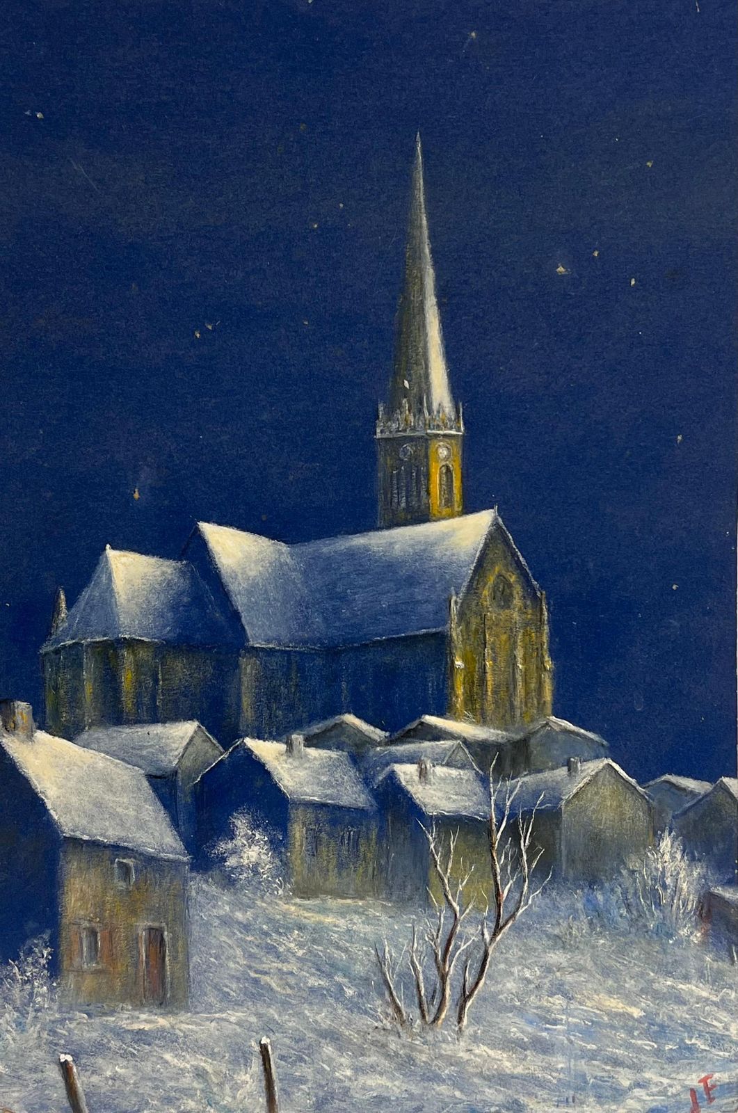 Jean Fouriesnow Covered Church In Midnight Blue Oil Landscape Painting