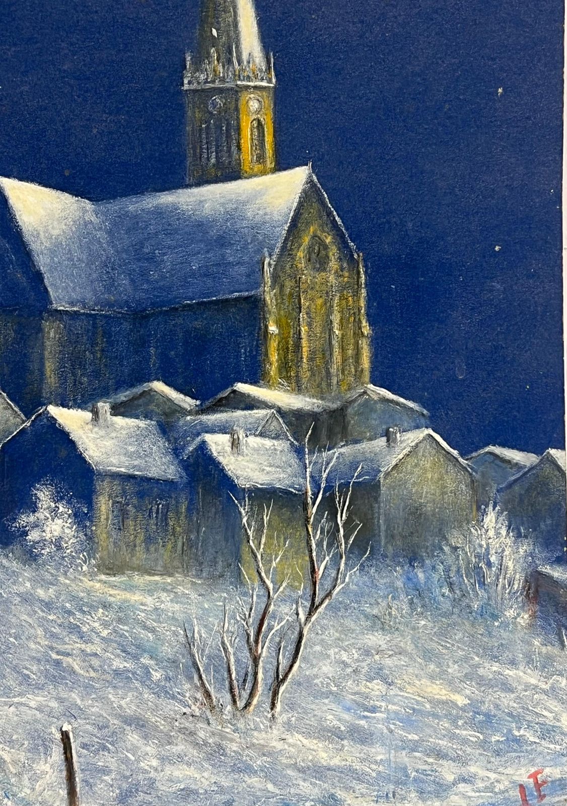 Jean Fouriesnow Covered Church In Midnight Blue Oil Landscape Painting photo 453.0