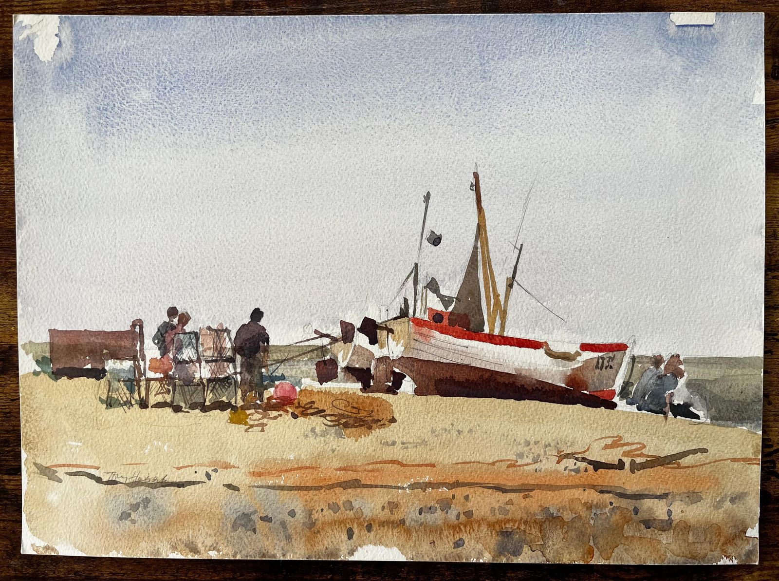 Anthony Herbertbeached Fishing Boat With Figures And Nets On Winter Shore Watercolour Scene photo furniture