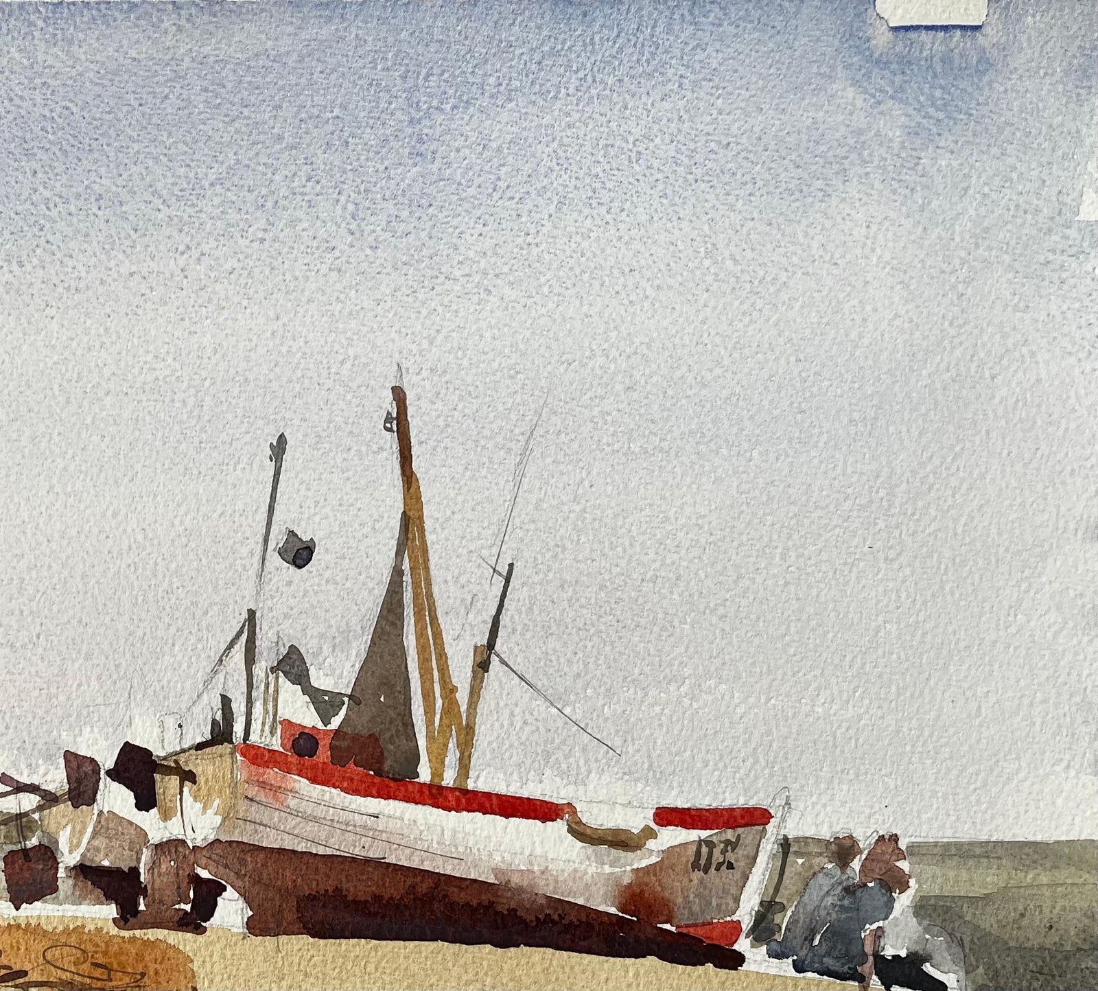 Anthony Herbertbeached Fishing Boat With Figures And Nets On Winter Shore Watercolour Scene photo vinterior