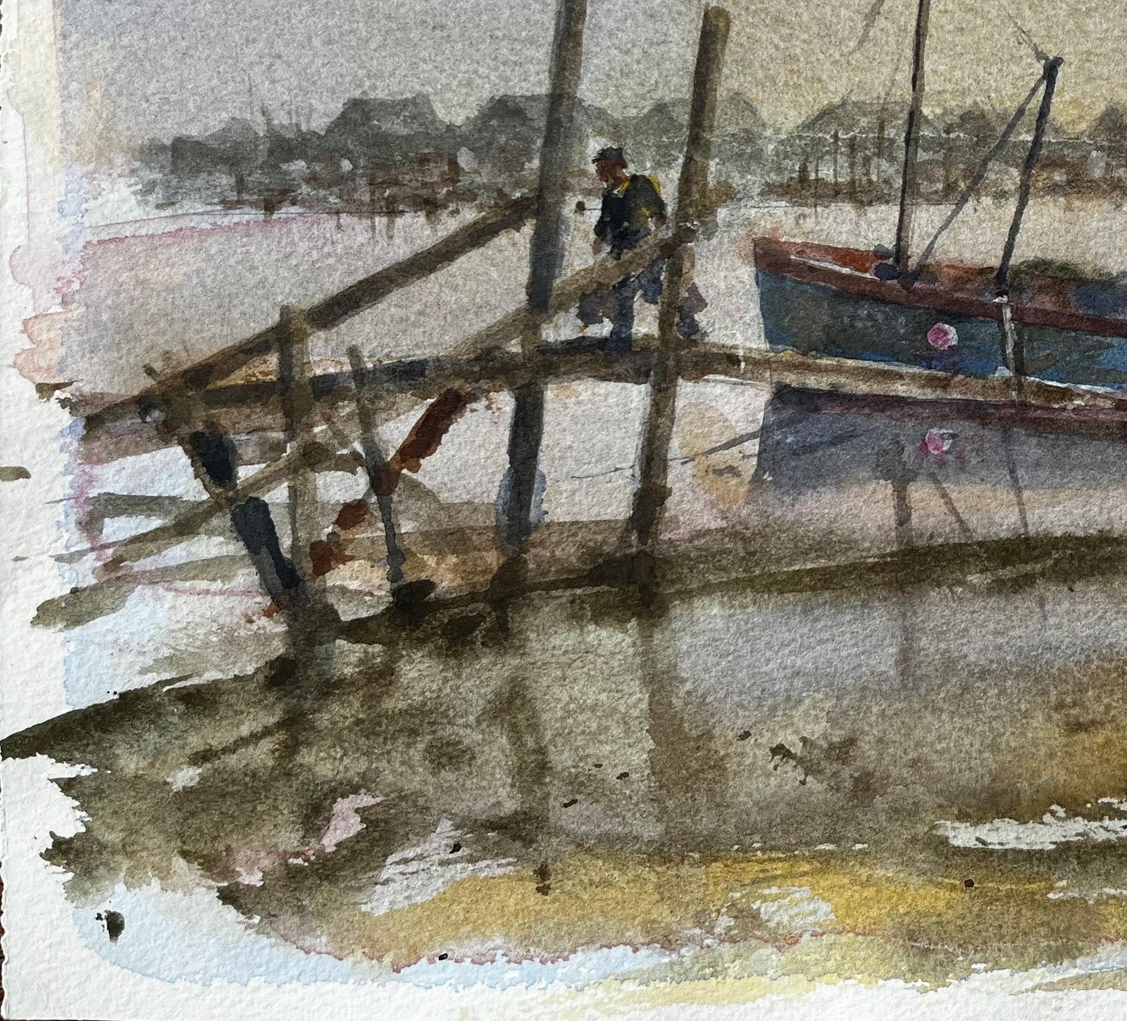 Anthony Herbertmisty Estuary With Blue Fishing Boat And Figure And Wooden Jetty By Tony Herbert photo 484.0