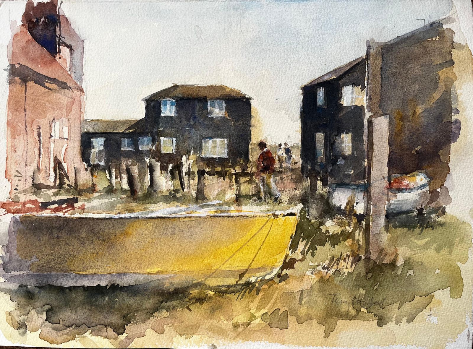 Anthony Herbertsouthwold Coastal Houses With Figures And Yellow Boat Suffolk Watercolour Scene