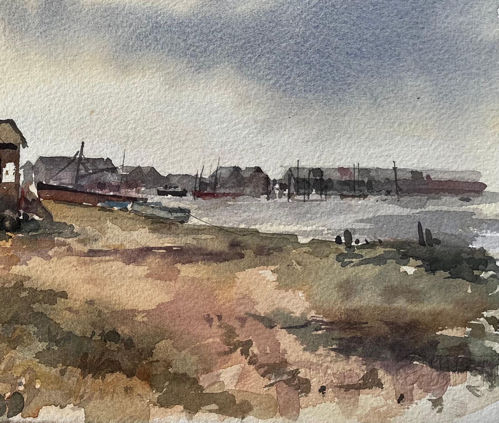 Anthony Herbertsouthwold Harbour Ferry Hut With Distant Shoreline And Boats Watercolour photo Art