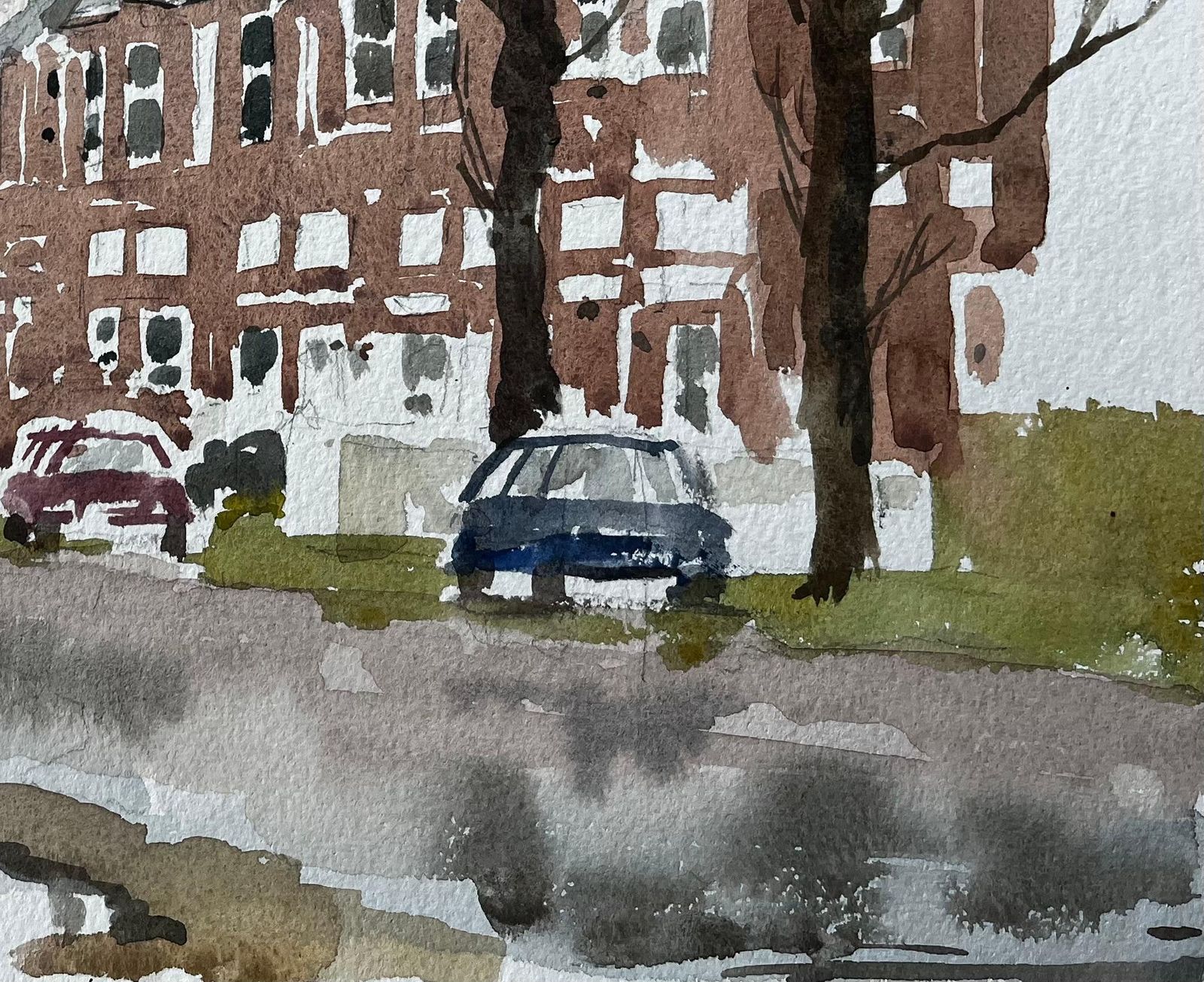 Anthony Herbertsouthwold York Road Scene With Red Brick Terraces Trees And Puddles Watercolour photo Art