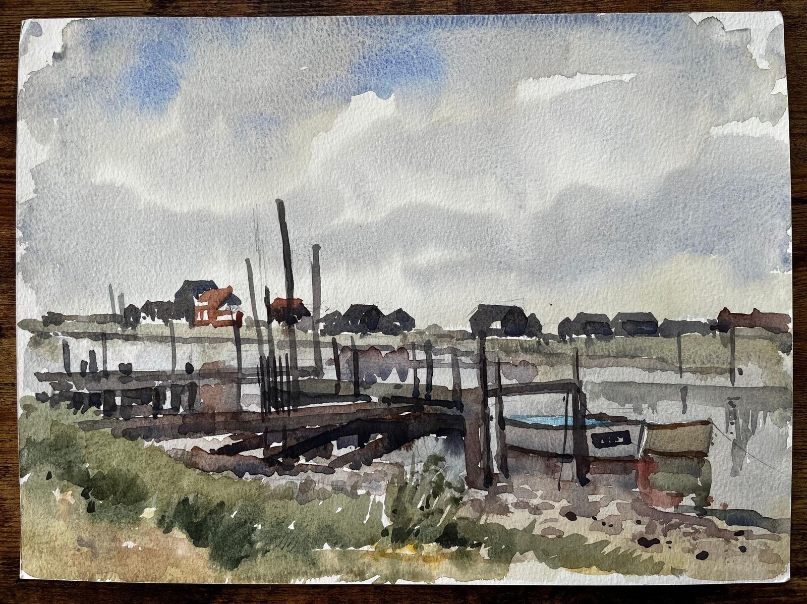 Anthony Herbertlow Tide Fishing Boats And Jetties Coastal Marsh Scene July 1996 Watercolour1996 photo furniture