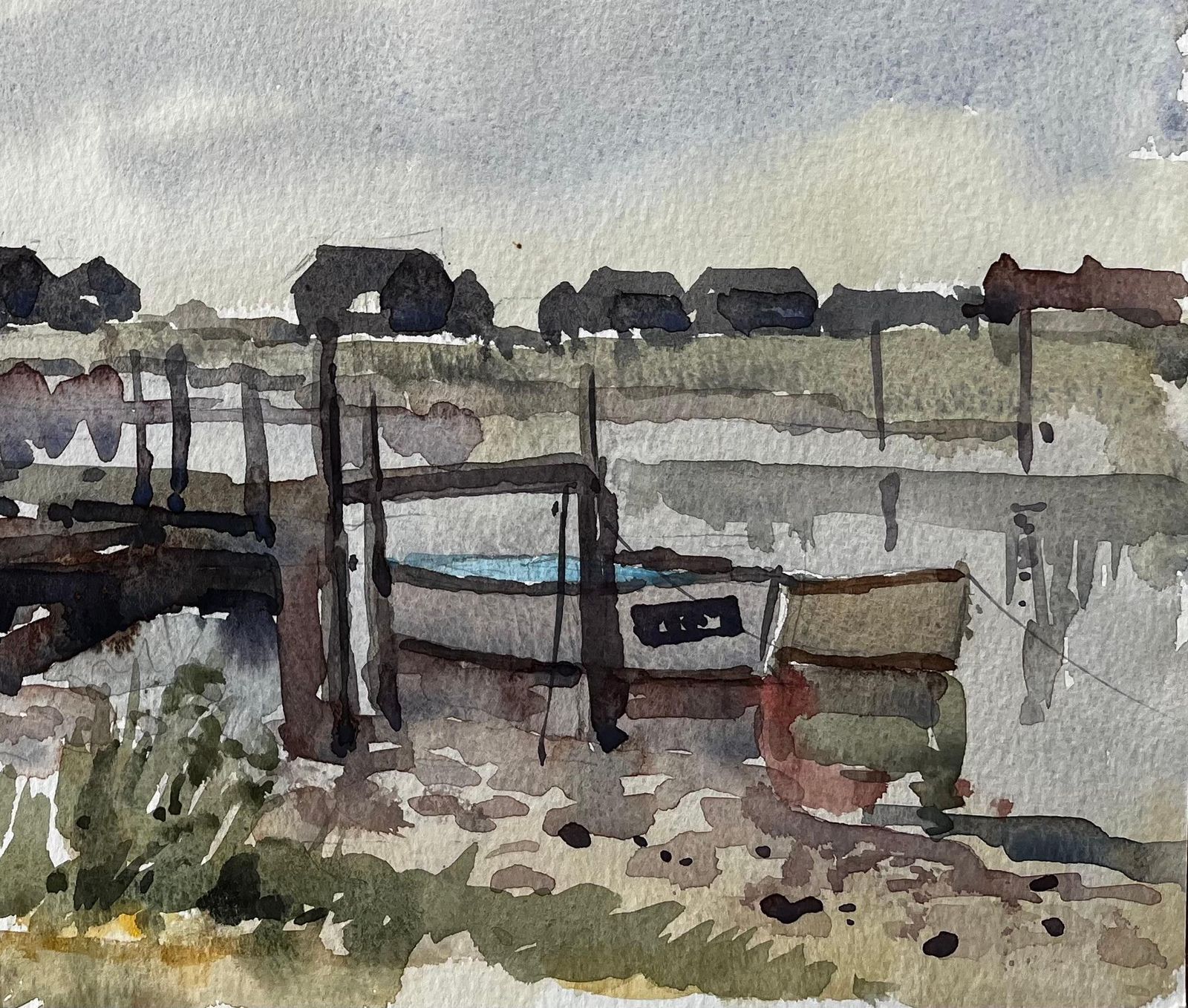 Anthony Herbertlow Tide Fishing Boats And Jetties Coastal Marsh Scene July 1996 Watercolour1996 photo for sale