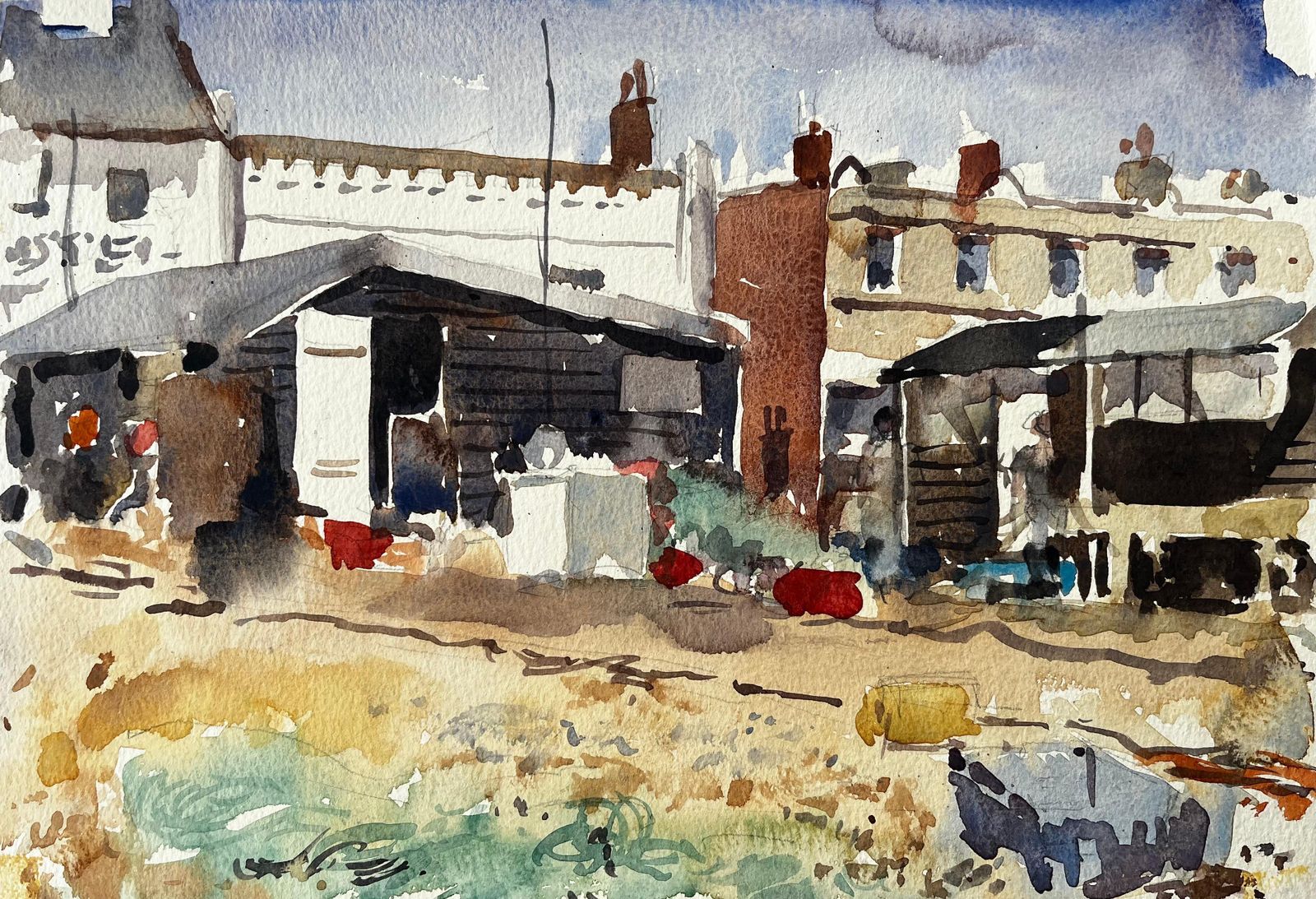 Anthony Herbertcoastal Fishing Huts With Nets And Harbour Debris Watercolour Landscape