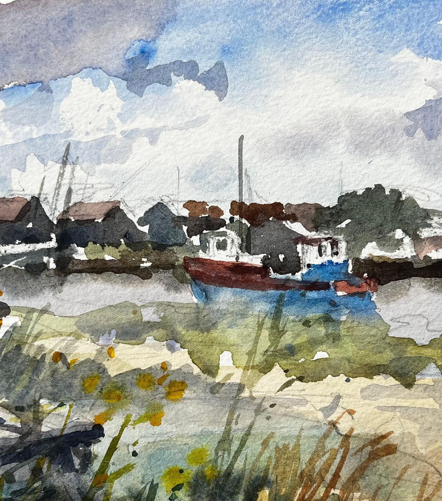 Anthony Herbertwalberswick Riverbank With Moored Red And Blue Boat Suffolk Coastal Watercolor1997 photo Art