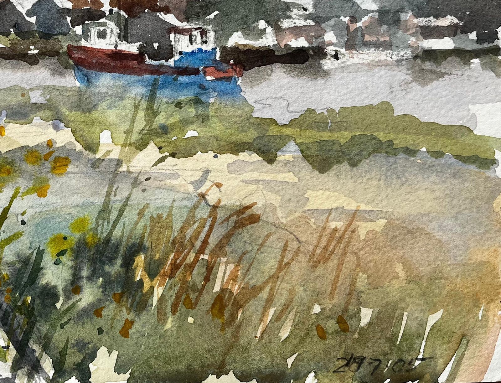 Anthony Herbertwalberswick Riverbank With Moored Red And Blue Boat Suffolk Coastal Watercolor1997 photo vinterior