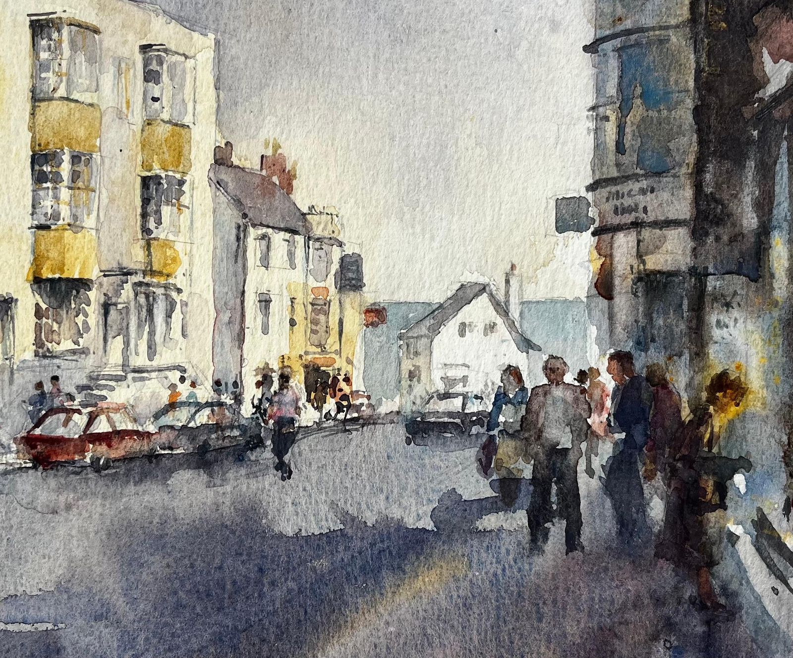 Anthony Herbertbusy High Street Scene With Figures Cars And Yellow Townhouses Watercolour photo buy