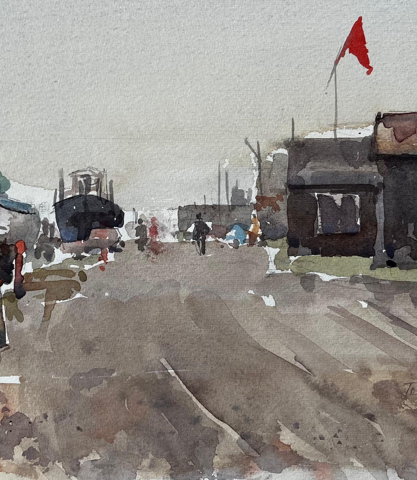 Anthony Herbertsouthwold Boatyard With Red Flag Fishing Sheds And Harbour Walkway Watercolour1997 photo Art