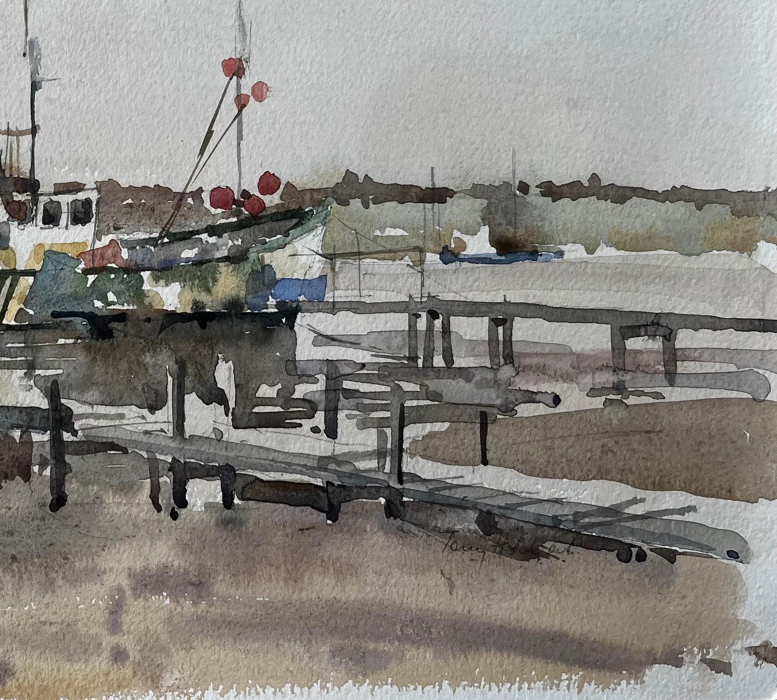 Anthony Herbertsouthwold River Blyth Fishing Boat Low Tide Marsh Scene With Jetty And Church1995 photo for sale