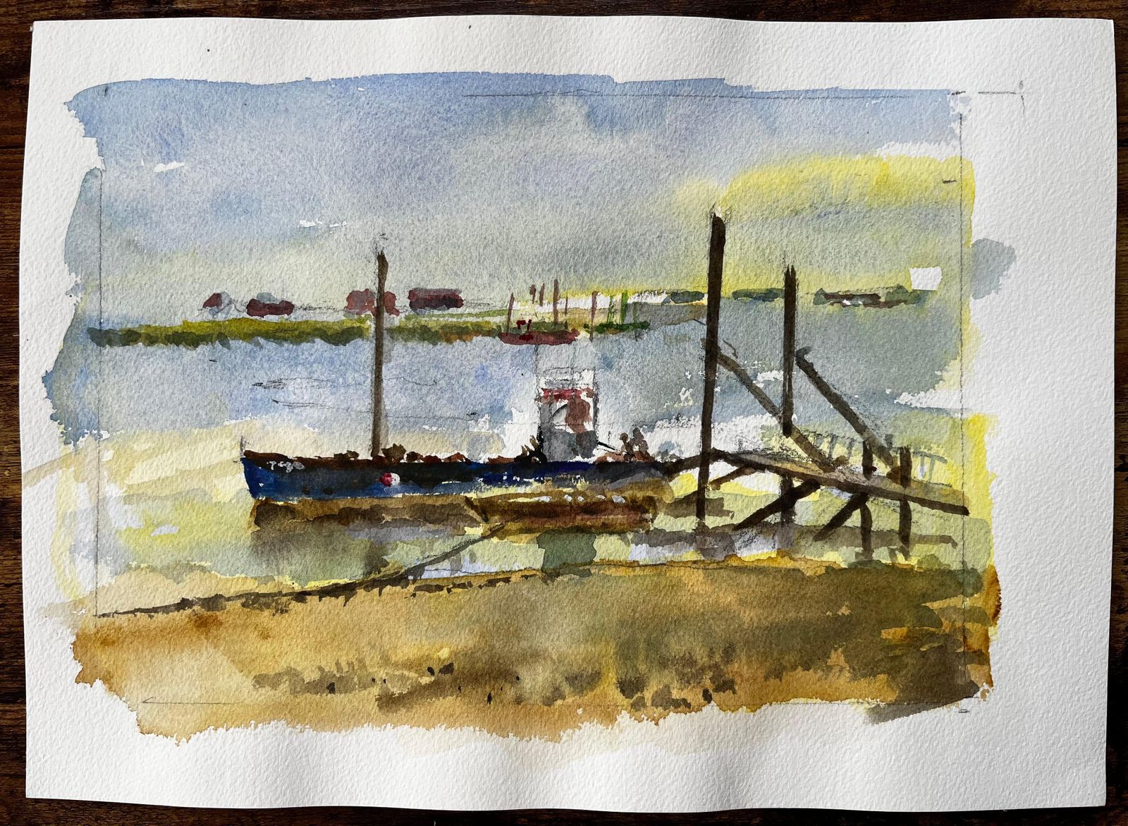 Anthony Herbertmoored Fishing Boat With Jetty And Distant Sheds East Coast Maritime Watercolour photo furniture
