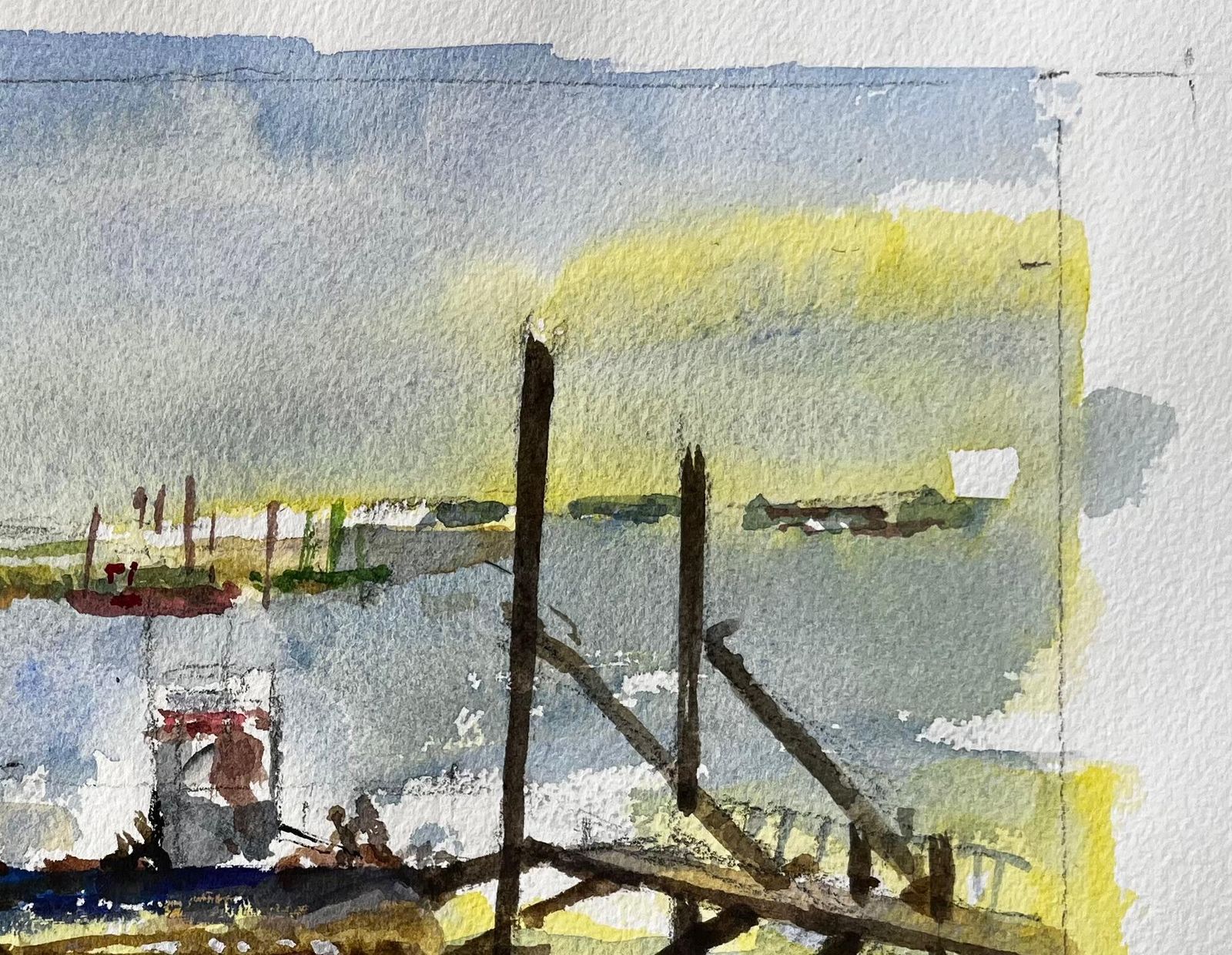 Anthony Herbertmoored Fishing Boat With Jetty And Distant Sheds East Coast Maritime Watercolour photo for sale