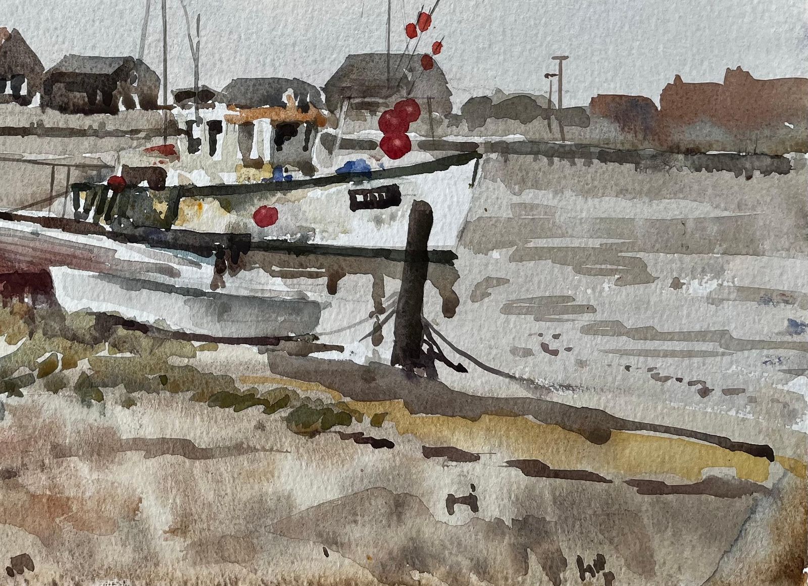 Anthony Herbertsouthwold Harbour Fishing Boat Low Tide Estuary Scene With Sheds And Moorings1994 photo furniture