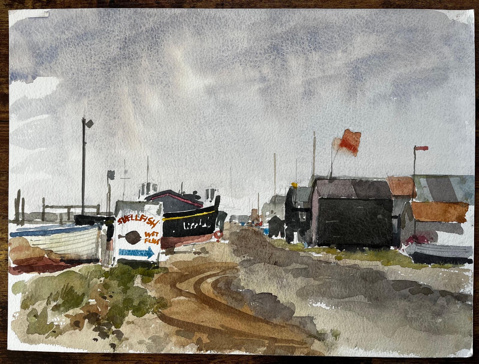 Anthony Herbertoriginal Watercolour Southwold Harbour Boats And Fishing Huts Scene1993 photo furniture